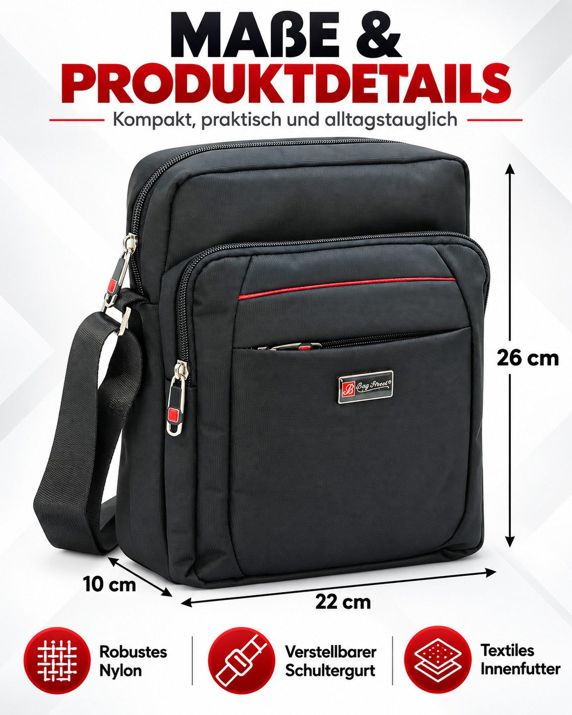 BAG STREET INTERNATIONAL Messenger Bag - Crossover Umhängetasche Schultertasche Medium Size Nylon Schwarz, Leicht – Bild 3 von 5