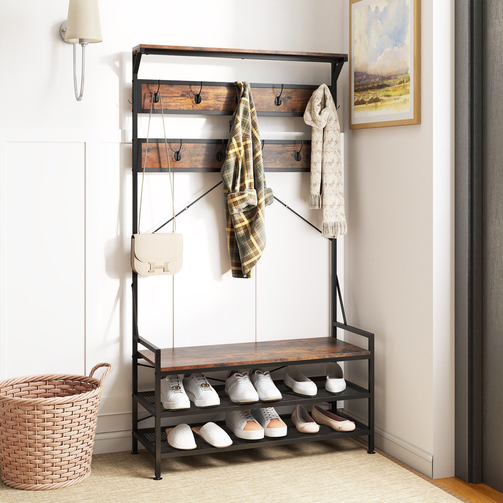 COSTWAY Kleiderständer, mit Sitzbank, Schuhregal mit Garderobe, 11 Haken 184cm