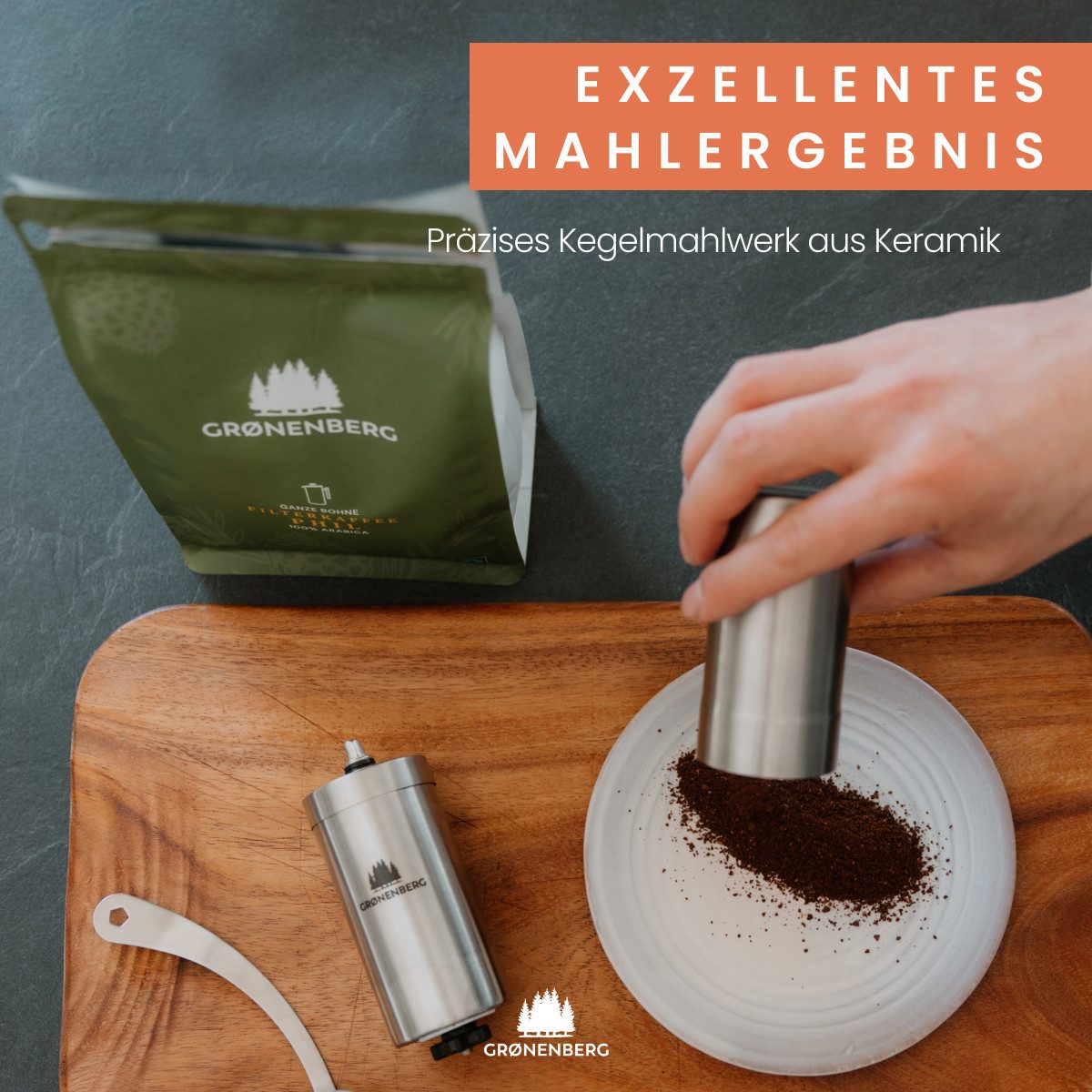 GRØNENBERG Kaffeemühle manuell, Edelstahl Handkaffeemühle, Manuelle Kaffeemühle mit Keramikmahlwerk, 35,00 g Bohnenbehälter, Stufenlos, präzise einstellbar