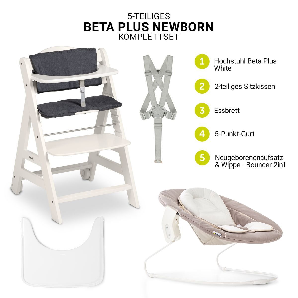 Hauck Hochstuhl Hauck Beta Plus Newborn Set - White, Holz Babystuhl ab Geburt mit Neugeborenenaufsatz, Sitzkissen, Essbrett