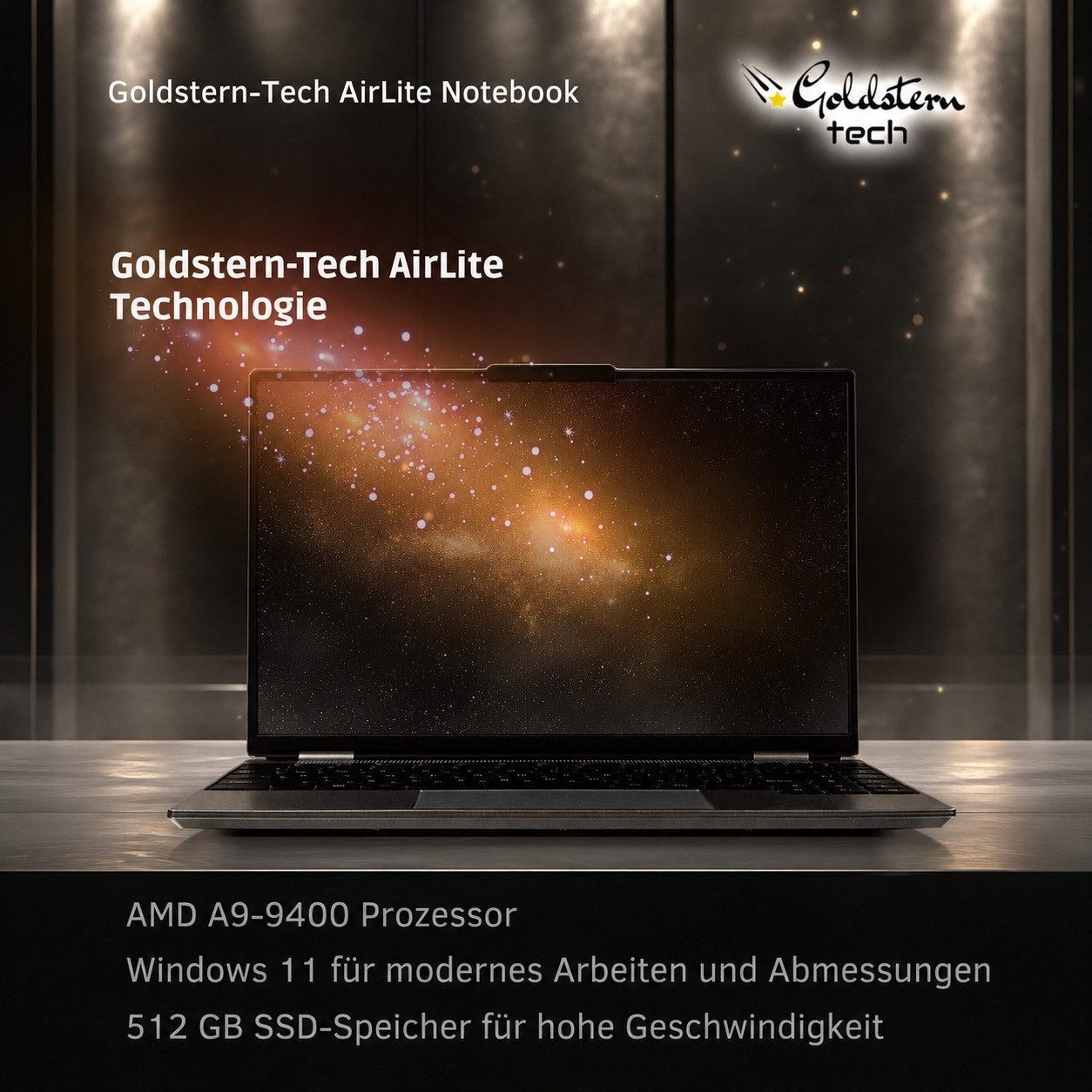 Goldstern-Tech Notebook (35,56 cm/14 Zoll, AMD AMD A9-9400, AMD Radeon R5 Serie, 256 GB SSD, Ultraleicht, Windows 11 Pro & zuverlässiger Akkulaufzeit)