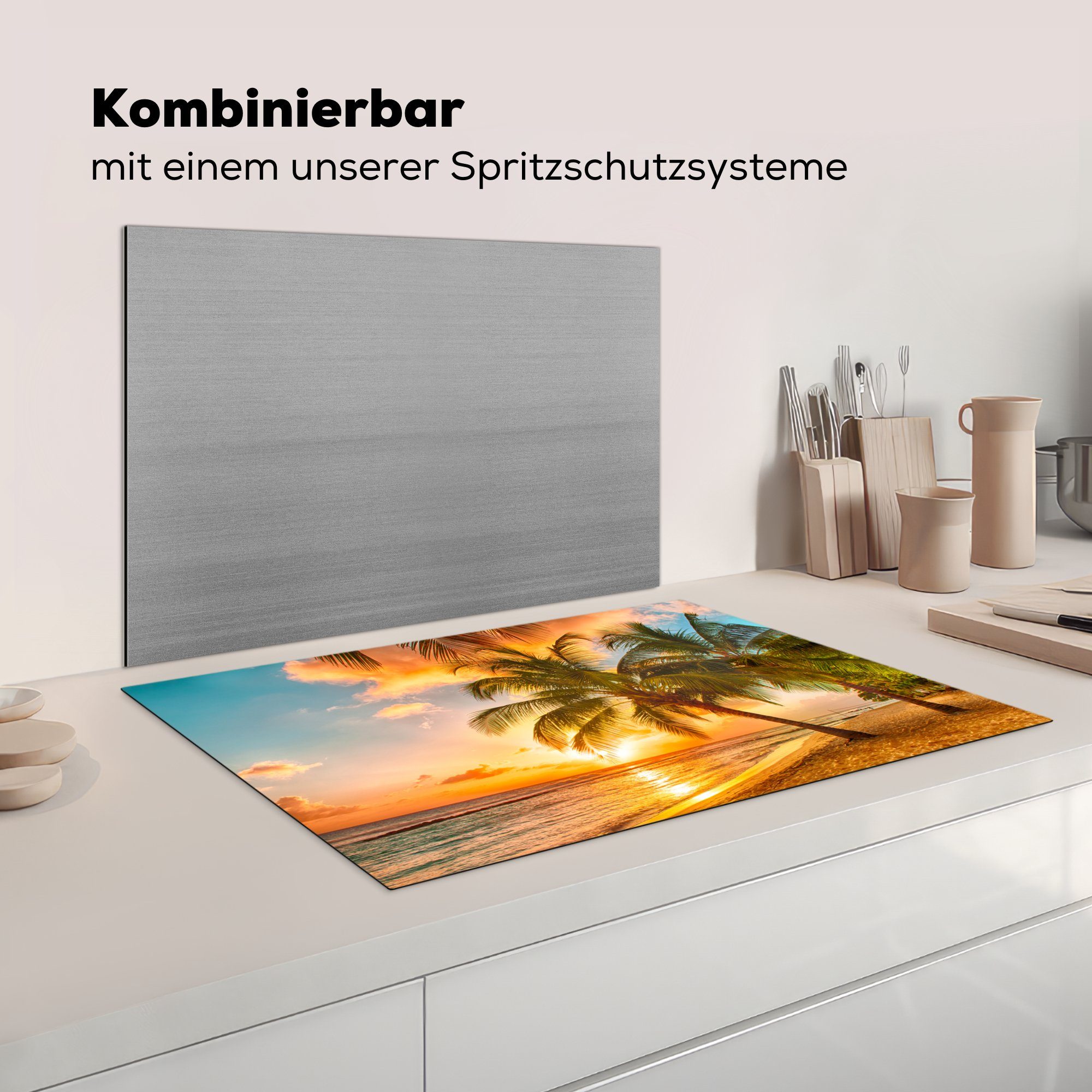 für Strand 81x52 küche, Meer Vinyl, tlg), Schutz - Sonnenuntergang, (1 Herdblende-/Abdeckplatte - die Ceranfeldabdeckung Gold Induktionskochfeld MuchoWow - cm,