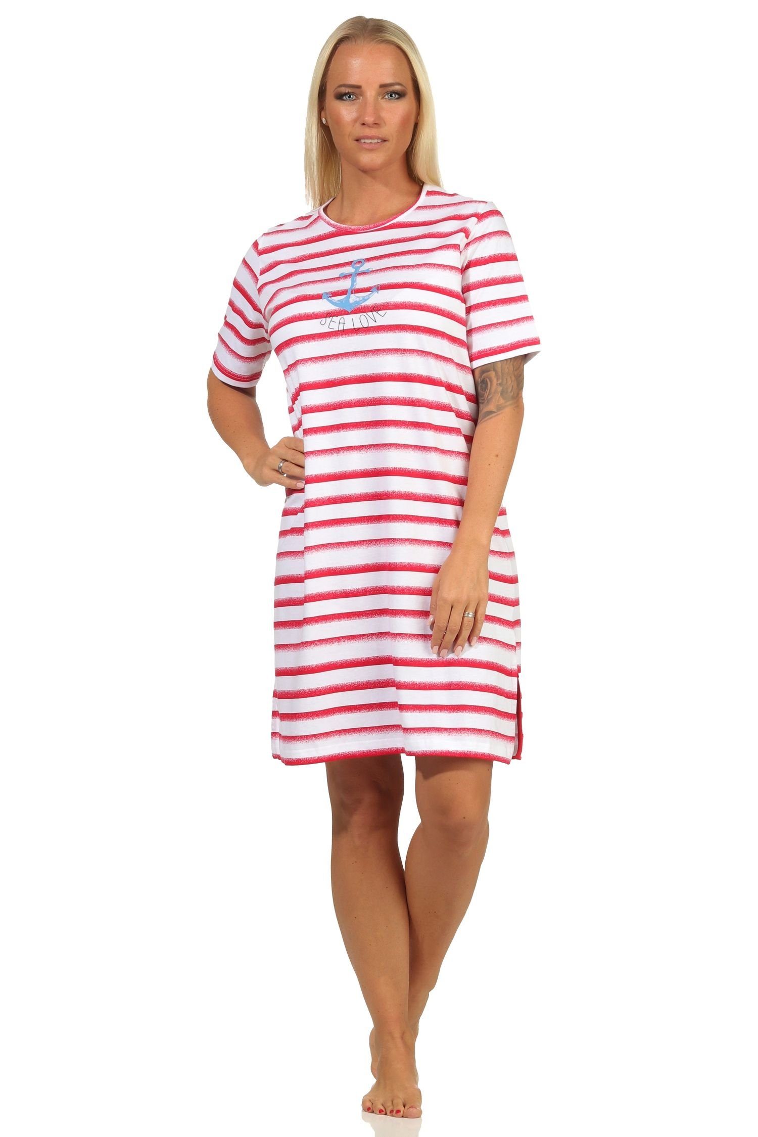 Normann Nachthemd Maritimes Damen kurzarm Nachthemd mit Anker Motiv - auch in Übergröße rot