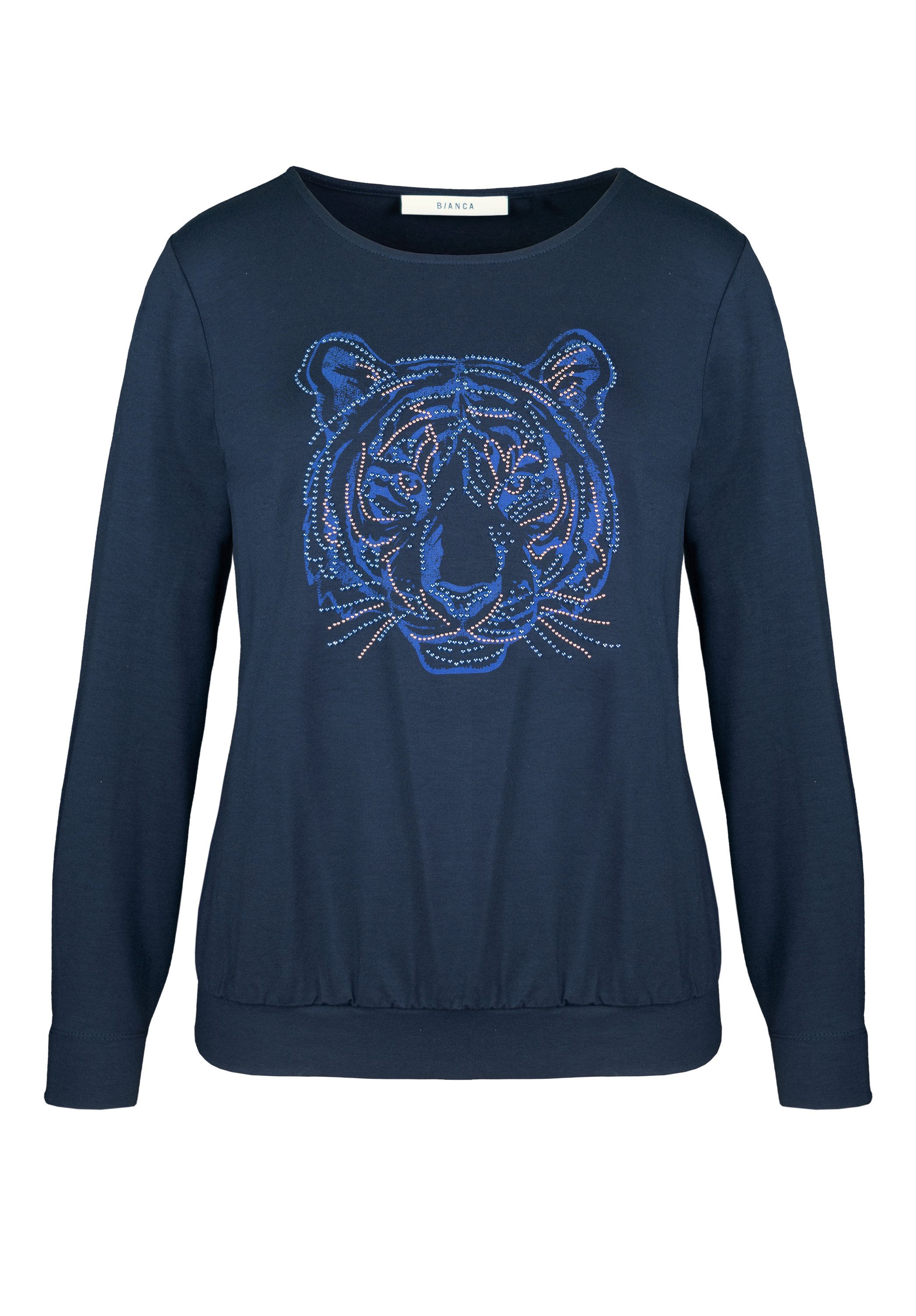 bianca Rundhalsshirt FLAVIA mit Tiger Frontmotiv aus dezenten Metallsteinchen