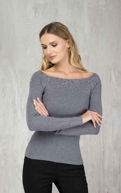 Passioni Carmenpullover Pullover mit weitem U-Boot-Ausschnitt und Glitzerdetails Off-Shoulder