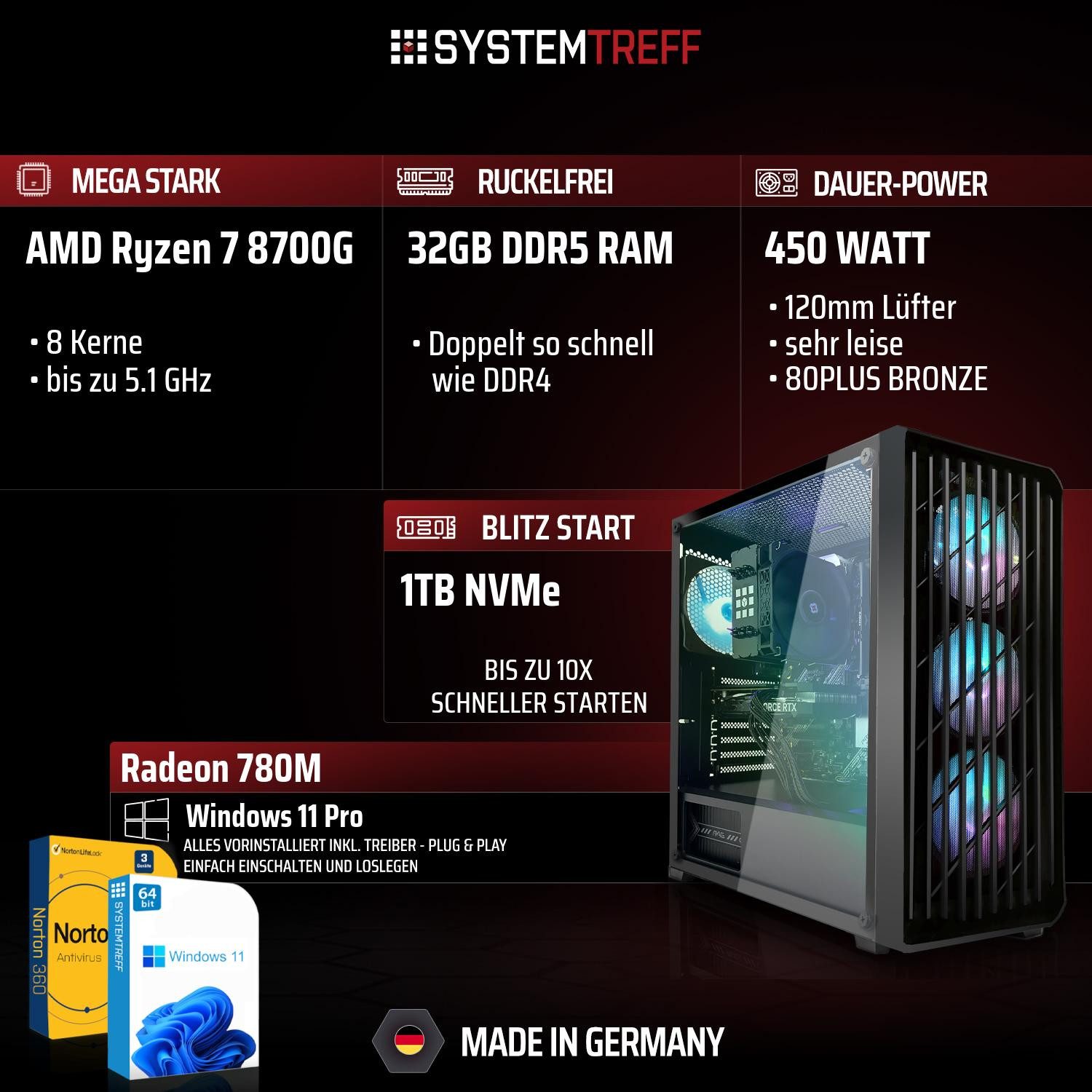 SYSTEMTREFF Basic Gaming-PC (AMD 8700G 8700G, Radeon 780M, 32 GB RAM, 1000 GB SSD, Luftkühlung)