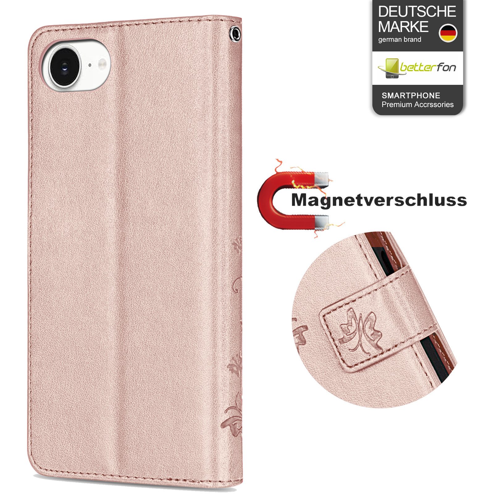 betterfon Handyhülle für iPhone 17E / 16E - Klapphülle mit 3 Kartenfächern Blumen, Bookstyle-Hülle: Magnetverschluss 3 Kartenfächer & Standfunktion – Bild 3 von 5