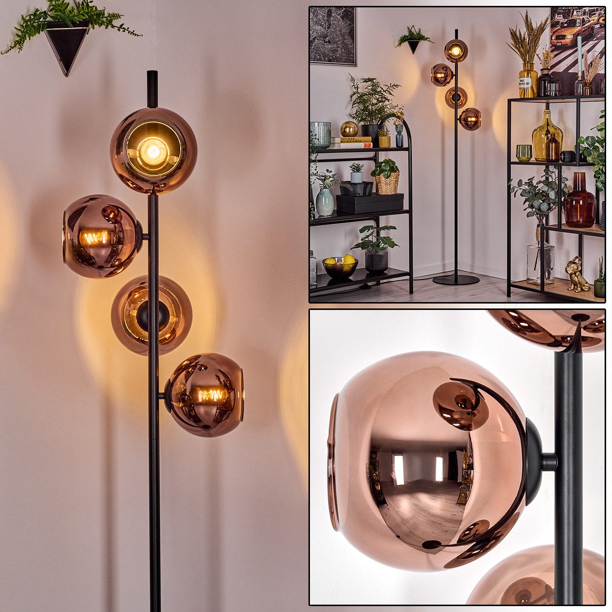 hofstein Stehlampe Stehlampe aus Metall/Glas in Schwarz/Kupfer, Retro/Vintage-Design, ohne Leuchtmittel, moderne Stehleuchte, Ø Schirme 15 cm, Fußschalter, 160 cm, E14