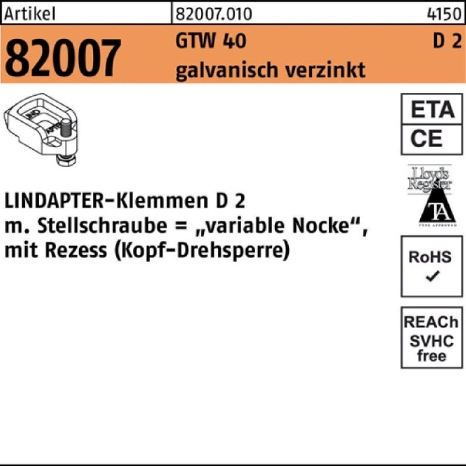 L - Pack Klemmen M20/17 galv.verz. Klemmen 40 24 82007 1 Stück GTW D2 Lindapter 100er R