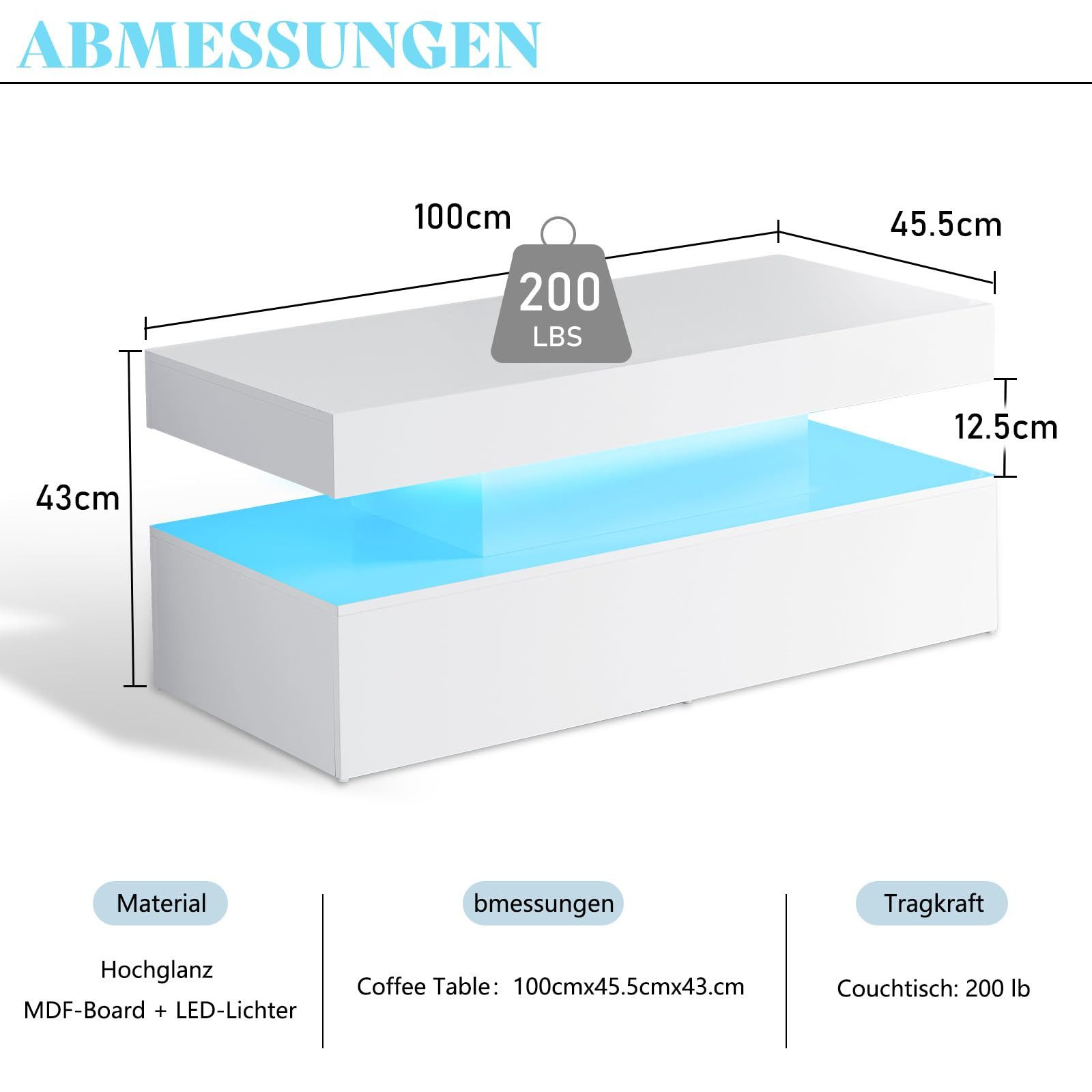 AMERLIFE Couchtisch Hochglanz Weiß mit RGB-LED und App-Steuerung (1-St), Zweistufige Ablage, stabiler MDF-Tisch mit Fernbedienung