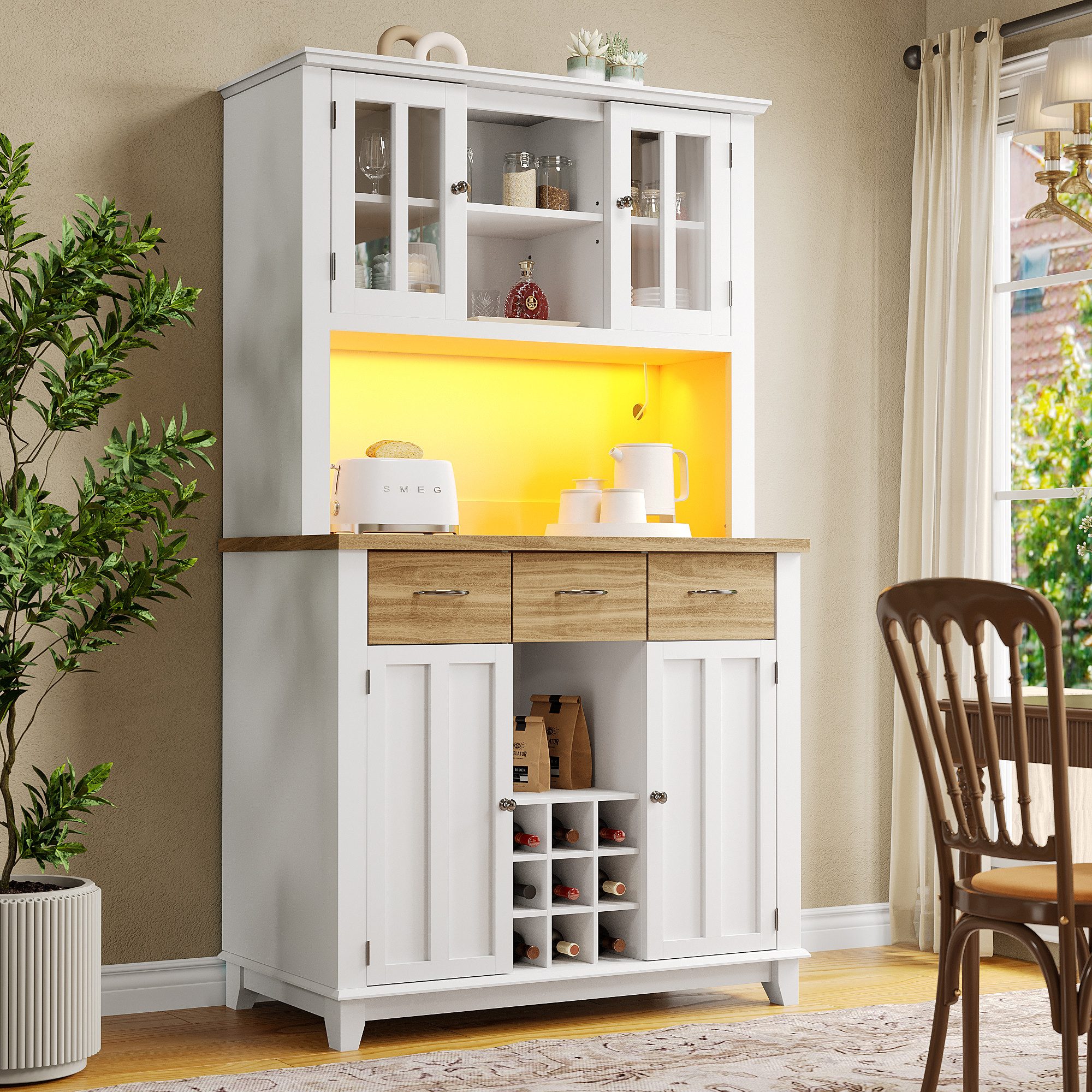 STILVORA Küchenbuffet mit LED&Schublade,Küchenschrank Aufwahrungsschrank mit Weinregal (Hochschrank, Bücherschrank, Badezimmerschrank, 1-St., 3 Schubladen, 4 Türen) mit Verstellbaren Ablagen, LED-Beleuchtung