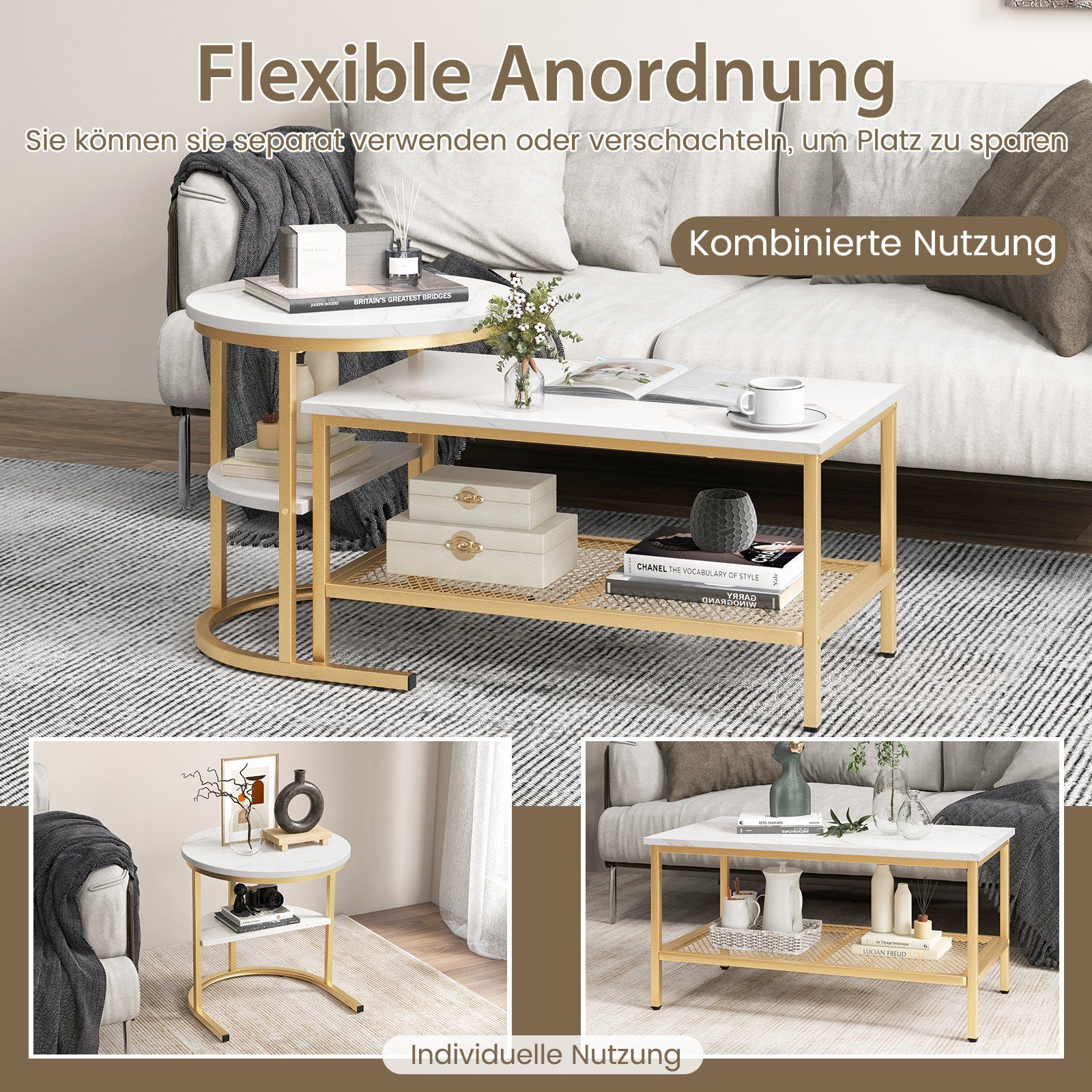 COSTWAY Couchtisch, 2er Set, Marmor, Beistelltisch mit Stauraum, Gold, Meta günstig online kaufen