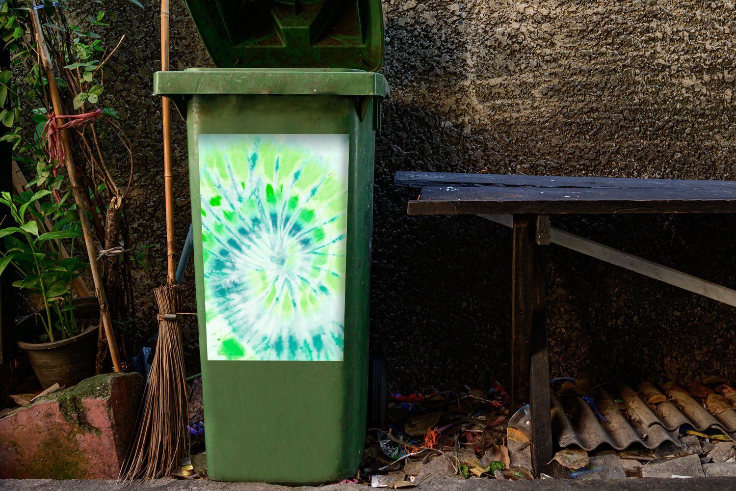 MuchoWow Wandsticker Abfalbehälter Sticker, St), - Mülleimer-aufkleber, Grün Krawattenfärbung Mülltonne, Blau (1 Container, 