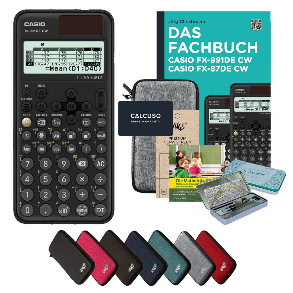 CASIO Taschenrechner fx-991DE CW - Premium Set inkl. Schutztasche Hellgrau & Fachbuch uvm.