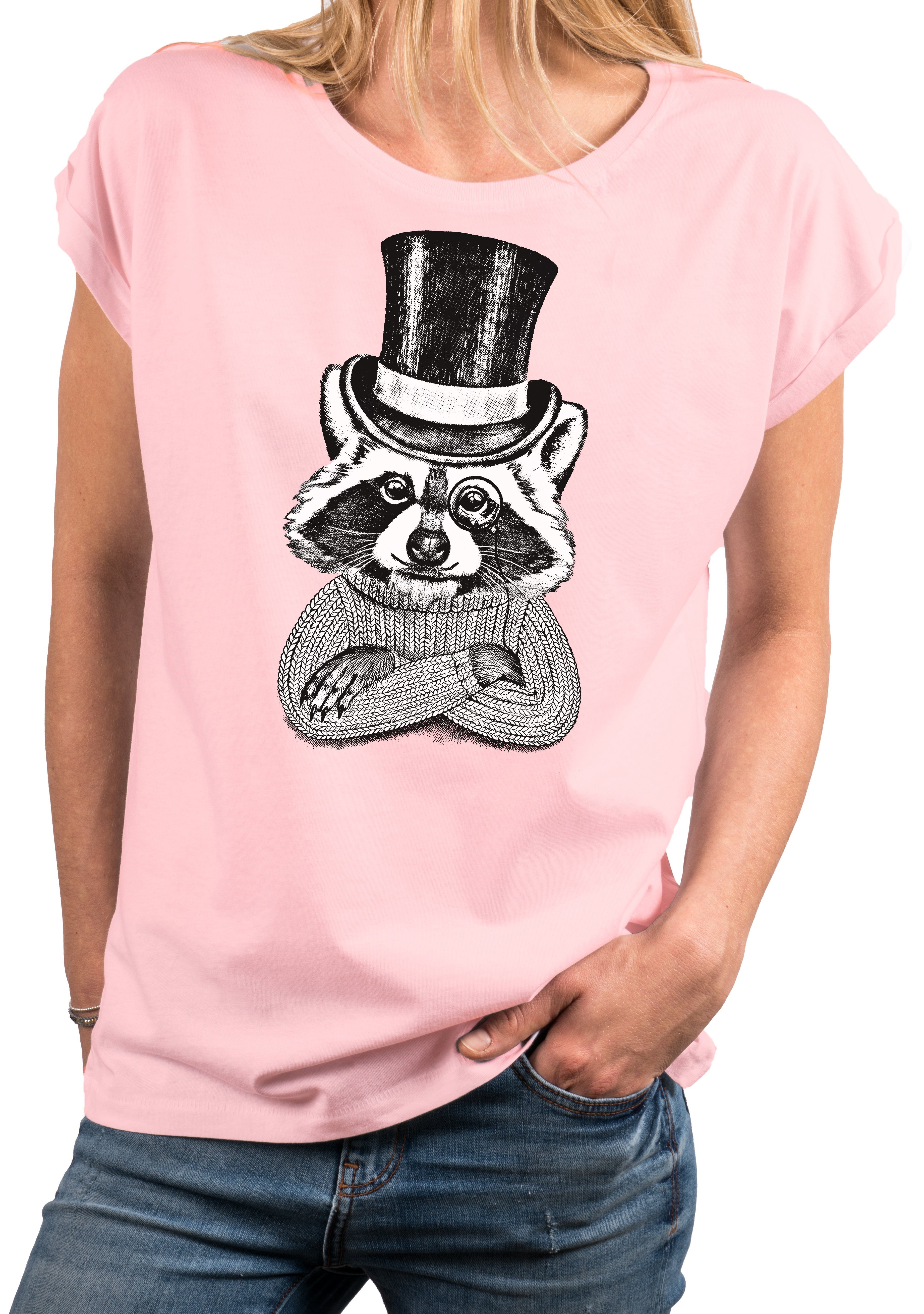 Print-Shirt Damen Tiermotiv Waschbär Top Sommer Oberteile Frauen Damenshirt