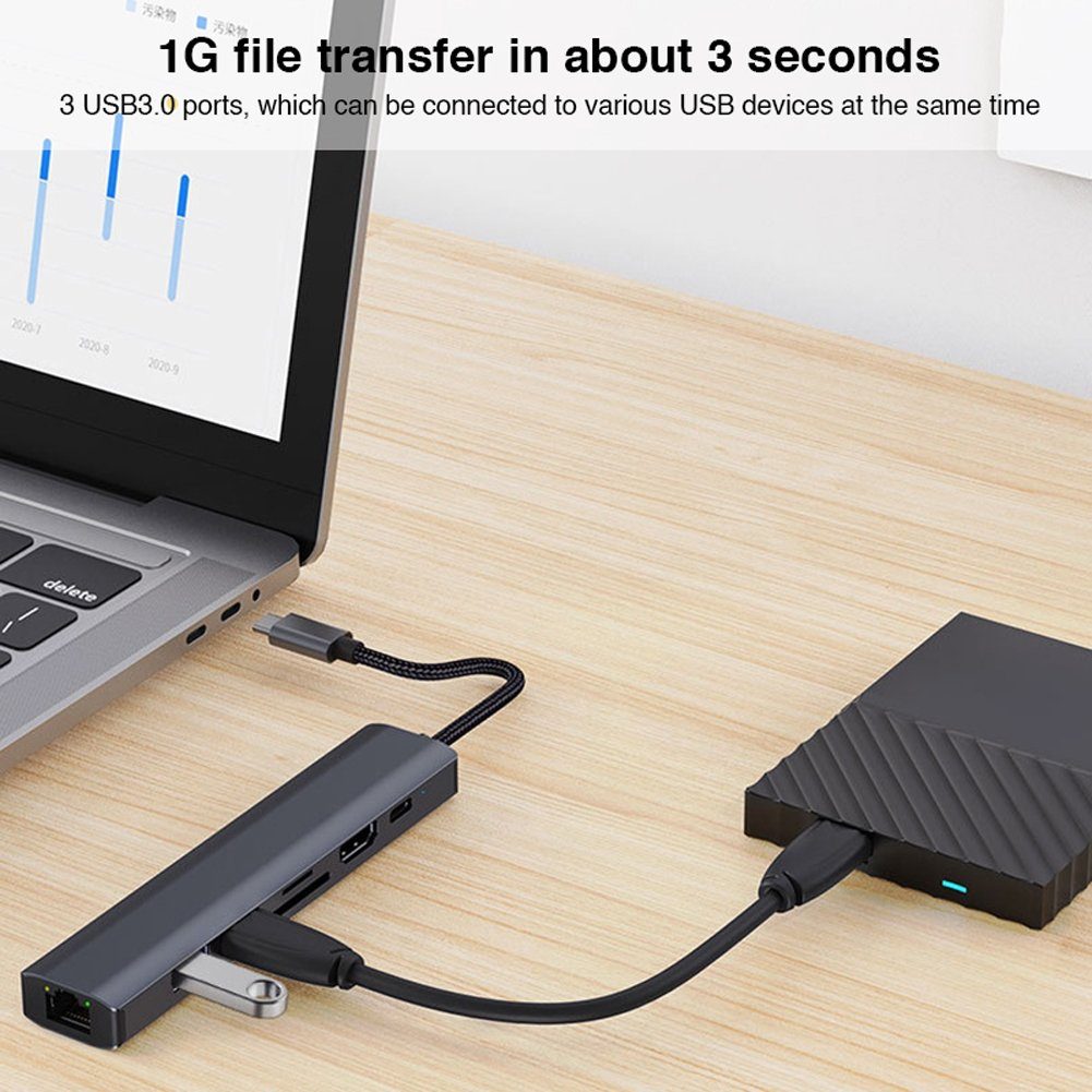 Bolwins Q18C 7in1 Adapter USB-C zu Hub USB 3.0, USB-C PD, HDMI SD microSD RJ45 Computer-Adapter USB-C Stecker zu HDMI Buchse, USB-A Buchse, USB-C Buchse, RJ45 B – Bild 5 von 5