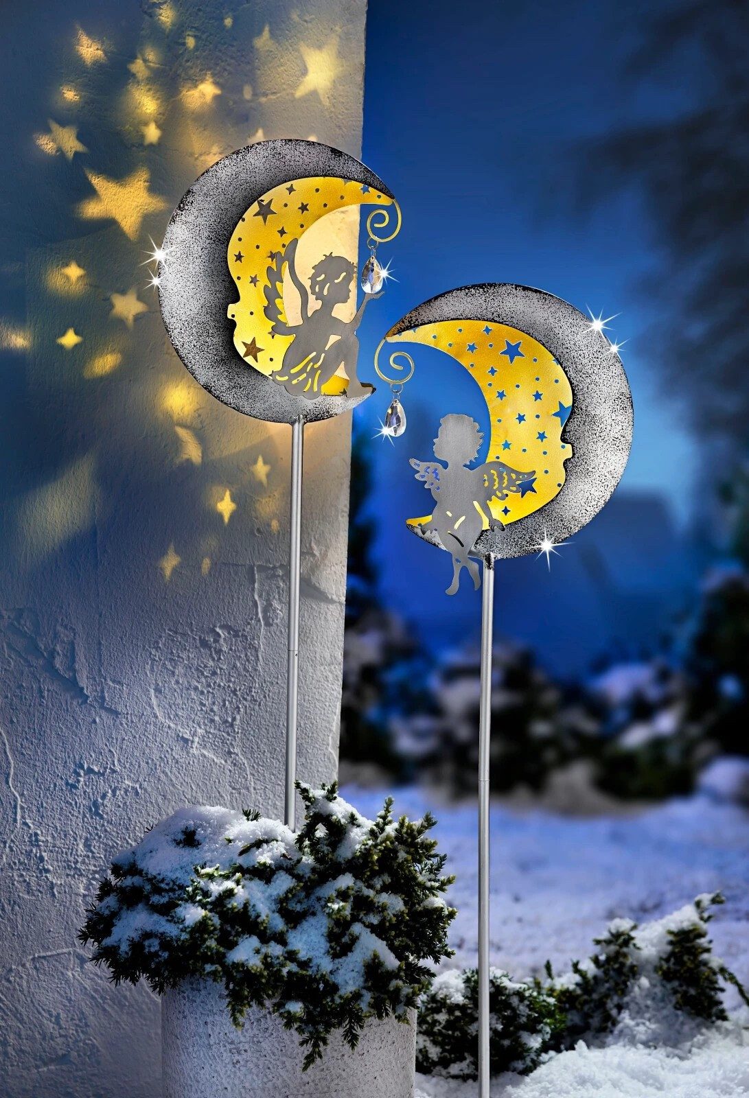 Weltbild Dekolicht Gartenstecker Engel im Mond 2er Set LED Solarleuchten Deko Garten, Gartenbeleuchtung Engel Figur Gartendeko Außenbeleuchtung