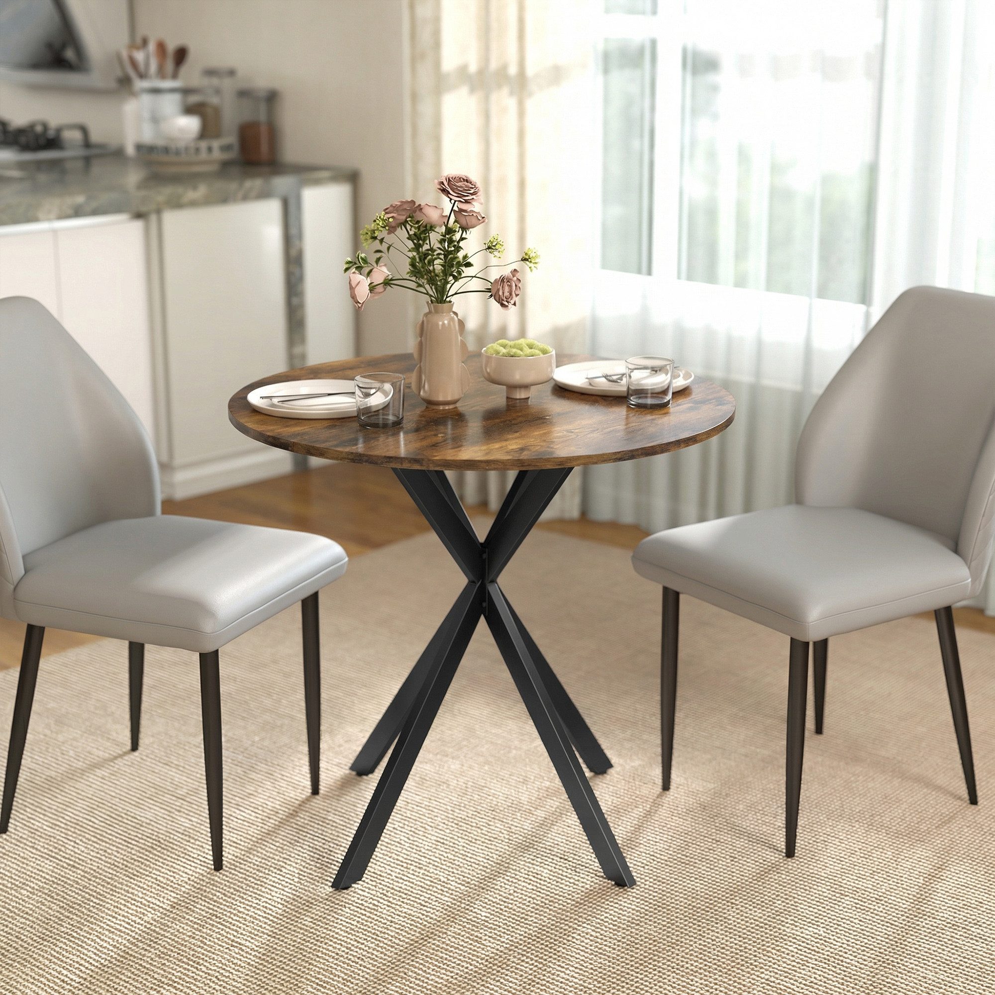 HOMCOM Esstisch Küchentisch im Industriestil mit Stahlbeinen für 2 Personen (für Esszimmer, Küche, Wohnzimmer, 1-St., rund, 80 x 80 x 75 cm), Rustikal-Braun