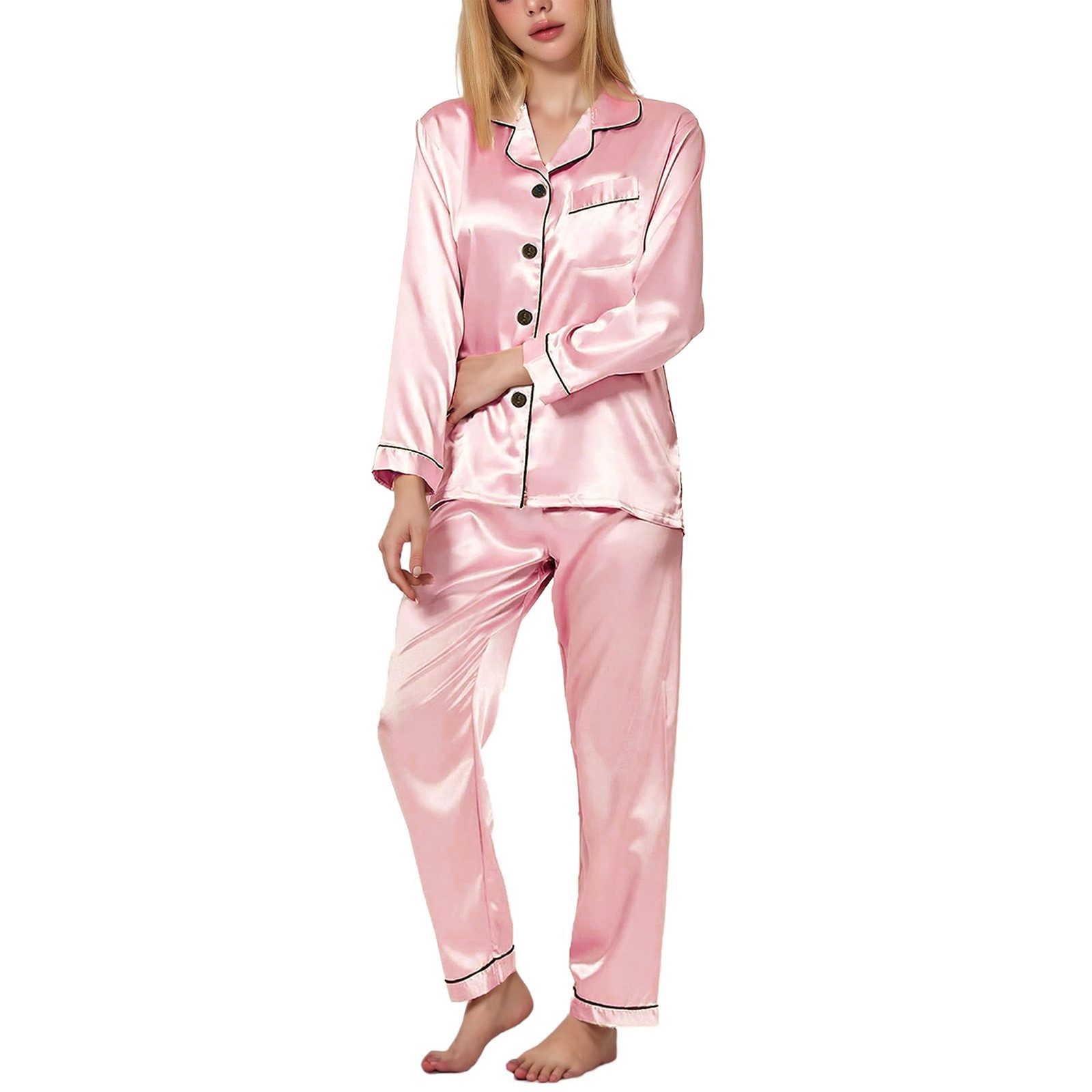 TANTOMI Schlafanzug Damen Satin Schlafanzug 2-Tlg, Langarm Pyjama-Set mit Knopfleiste, kuscheligem V-Ausschnitt und Langen Ärmeln