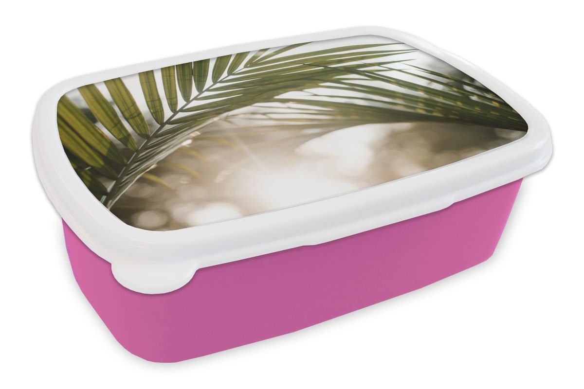 MuchoWow Lunchbox Palme - Palmenblatt - Sonne - Sommer, Kunststoff, (2-tlg), Brotbox für Erwachsene, Brotdose Kinder, Snackbox, Mädchen, Kunststoff rosa