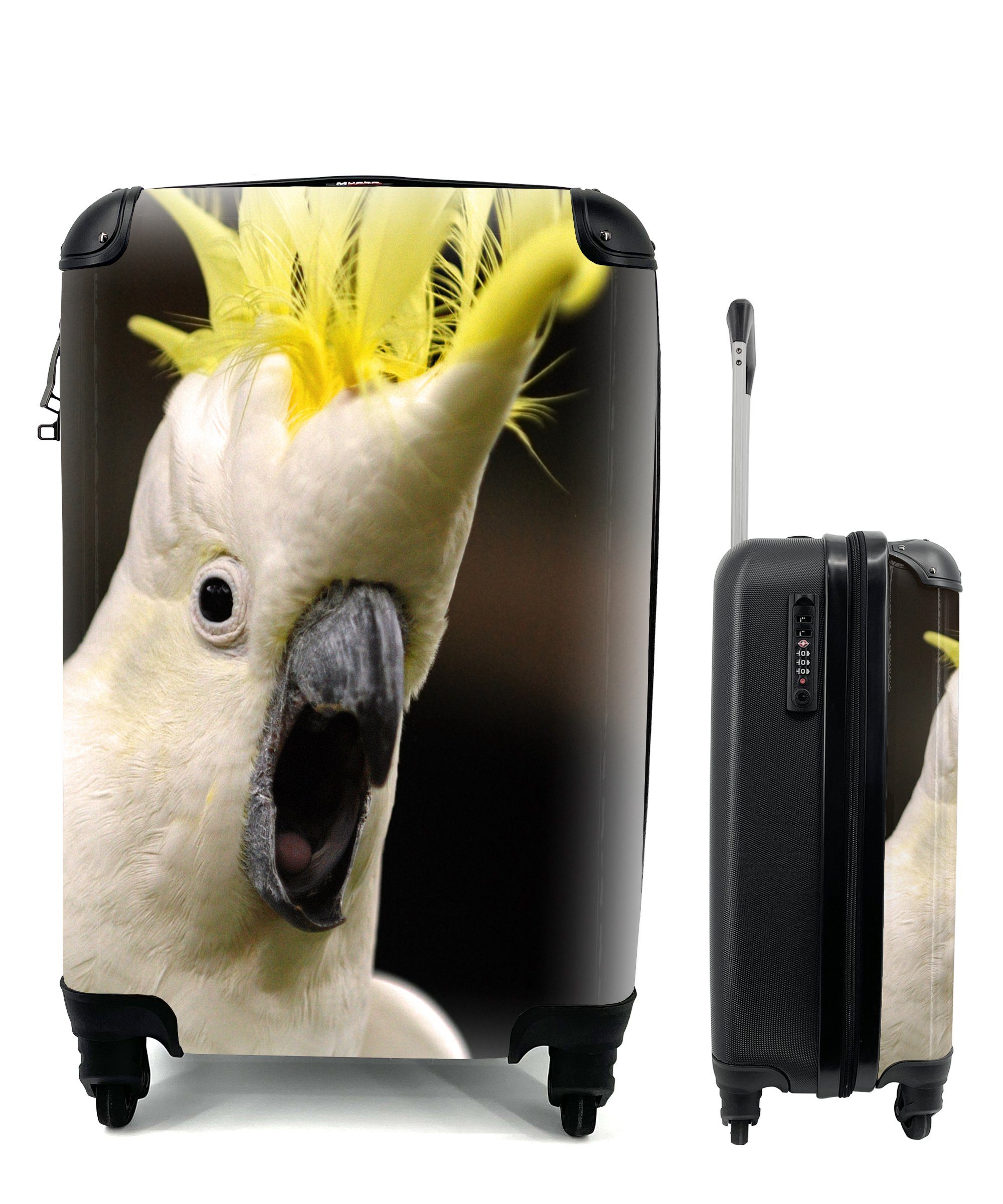 rollen, Handgepäck weißer MuchoWow 4 mit Rollen, für Reisetasche Handgepäckkoffer mit Ein Trolley, Ferien, Kamm, Kakadu einem gelben Reisekoffer