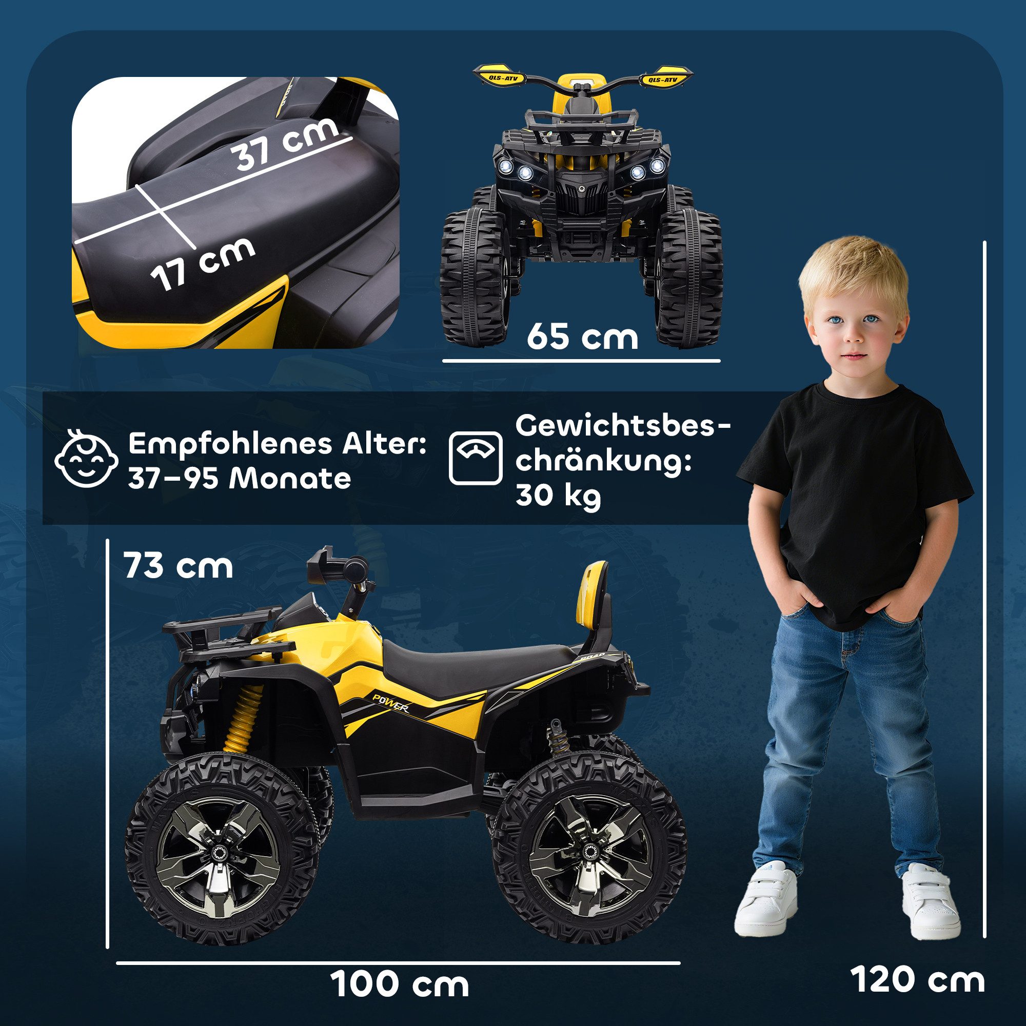 HOMCOM Elektro-Kinderquad Kinder Quad, Vorwärts-Rückwärtsfunktion, 2 Motor, Kinderfahrzeug, Belastbarkeit 30 kg, (1-tlg), für Kinder 3-5 Jahre, Gelb