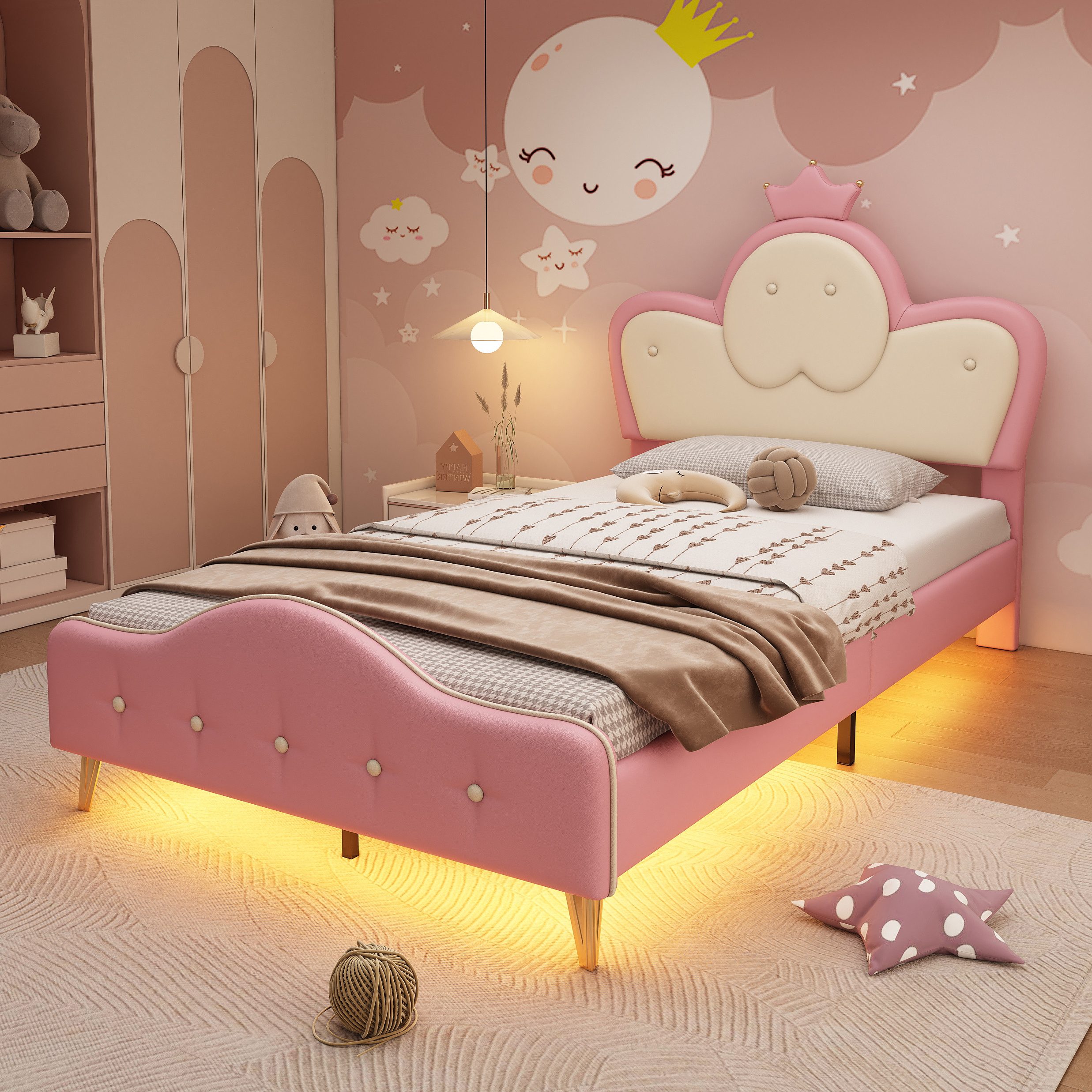 REDOM Prinzessinbett Prinzessinbett,mit weichen Schutzkanten, Monochromer LED-Streifen (Prinzessinbett, Kinder Polsterbett mit LED-Lichtleiste & Krone, 90x200cm), ohne Matratze