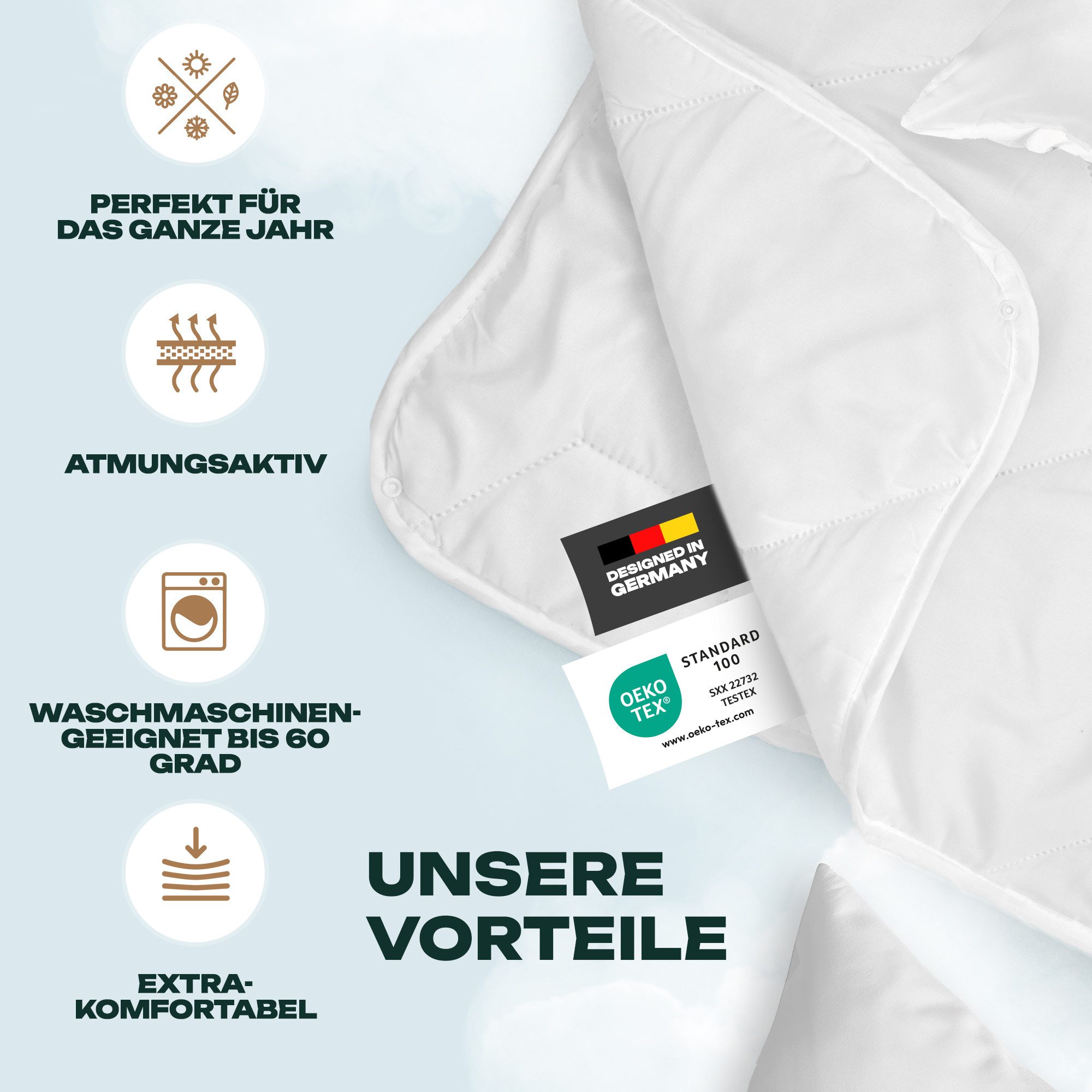Waidmeister Microfaserbettdecke + Microfaserkissen 4-Jahreszeiten Bettenset 4tlg 135/155 x 200/220 cm + 80x80 cm, Füllung: 100% Polyester, Decke ist 2 Teilig zum Knöpfen