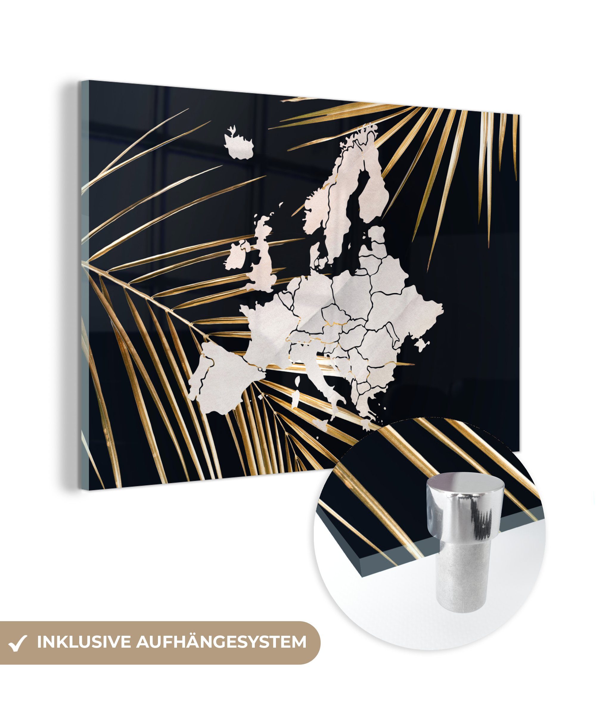 MuchoWow Acrylglasbild Karte - Europa - Palme, (1 St), Acrylglasbilder Wohnzimmer & Schlafzimmer