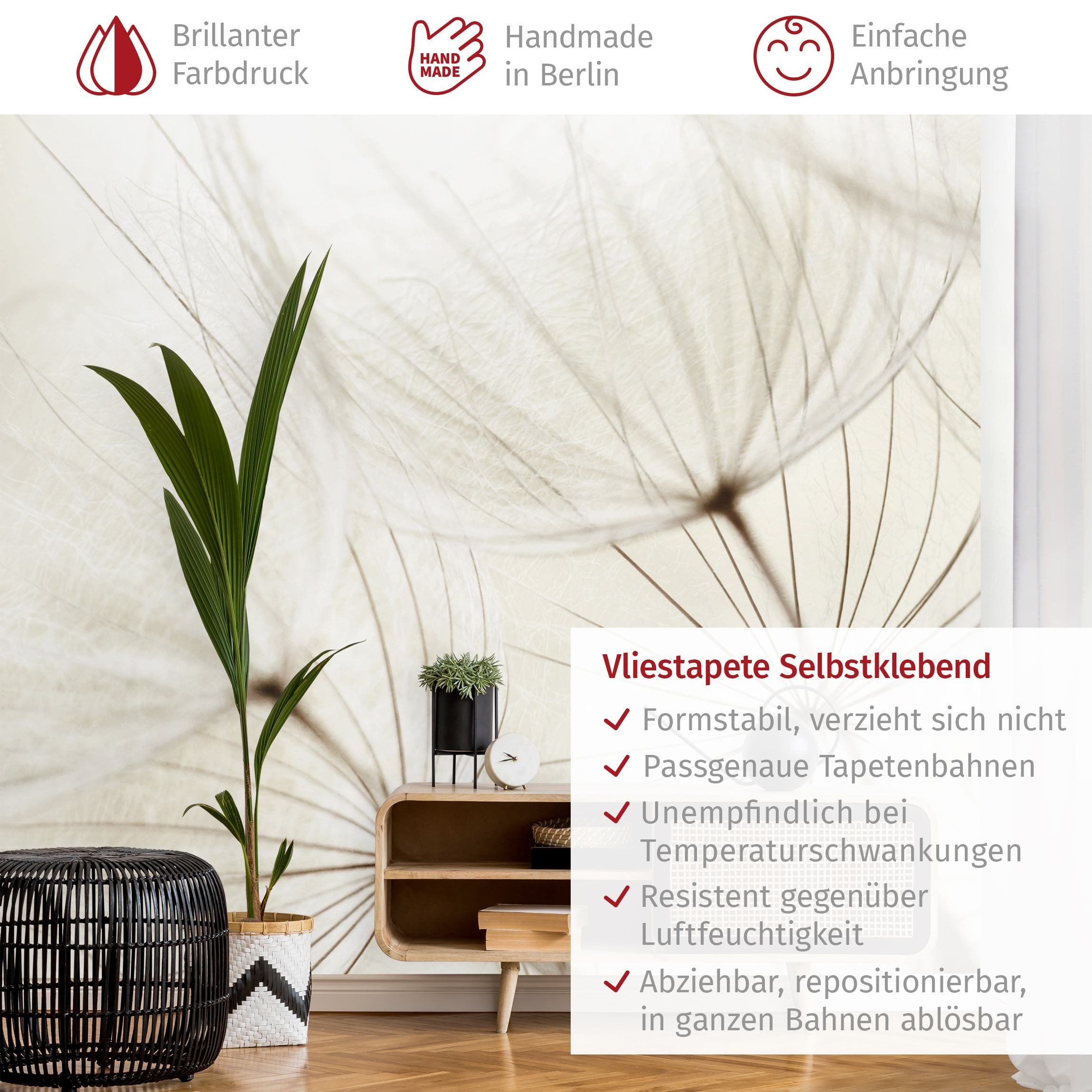 Bilderdepot24 Fototapete Blumen Sanfte Gräser Blumentapete Floral Natur Modern Kunst Pusteblume, Glatt, Matt, (Vliestapete inkl. Kleister oder selbstklebend), Wohnzimmer Schlafzimmer Küche Flur Motivtapete Vliestapete Wandtapete