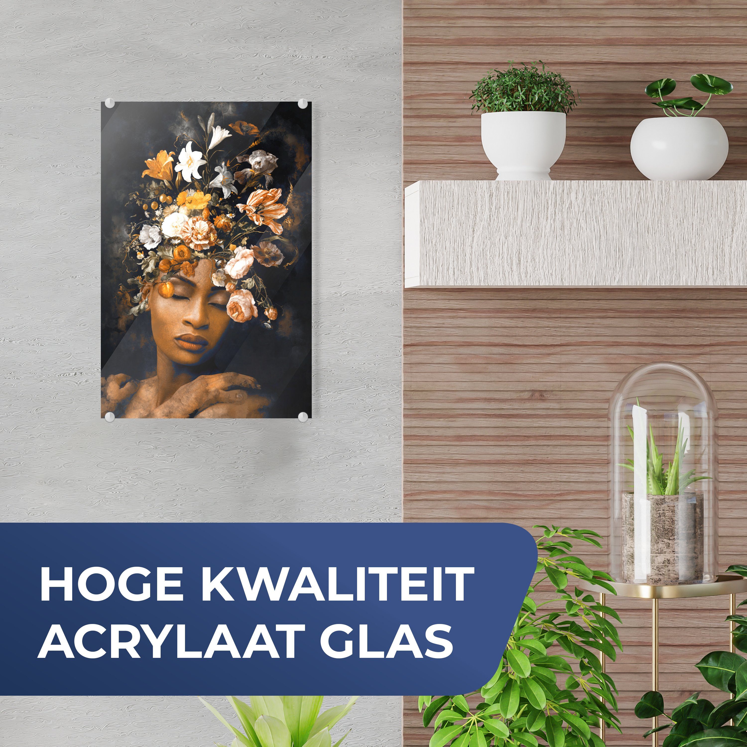 Foto auf - Wandbild Gold, Glas Glasbilder Wanddekoration (1 - Blumen MuchoWow Glas - - Frau auf Bilder - St), Acrylglasbild