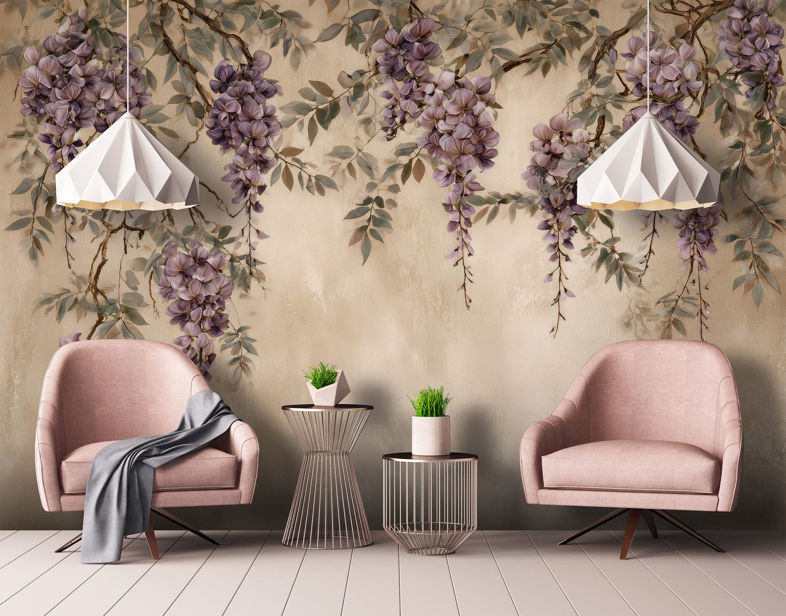 Wallarena Fototapete Blumen Hängend - Grau - Modern - Vlies - Schlafzimmer, glatt, (2 St), 100x70cm