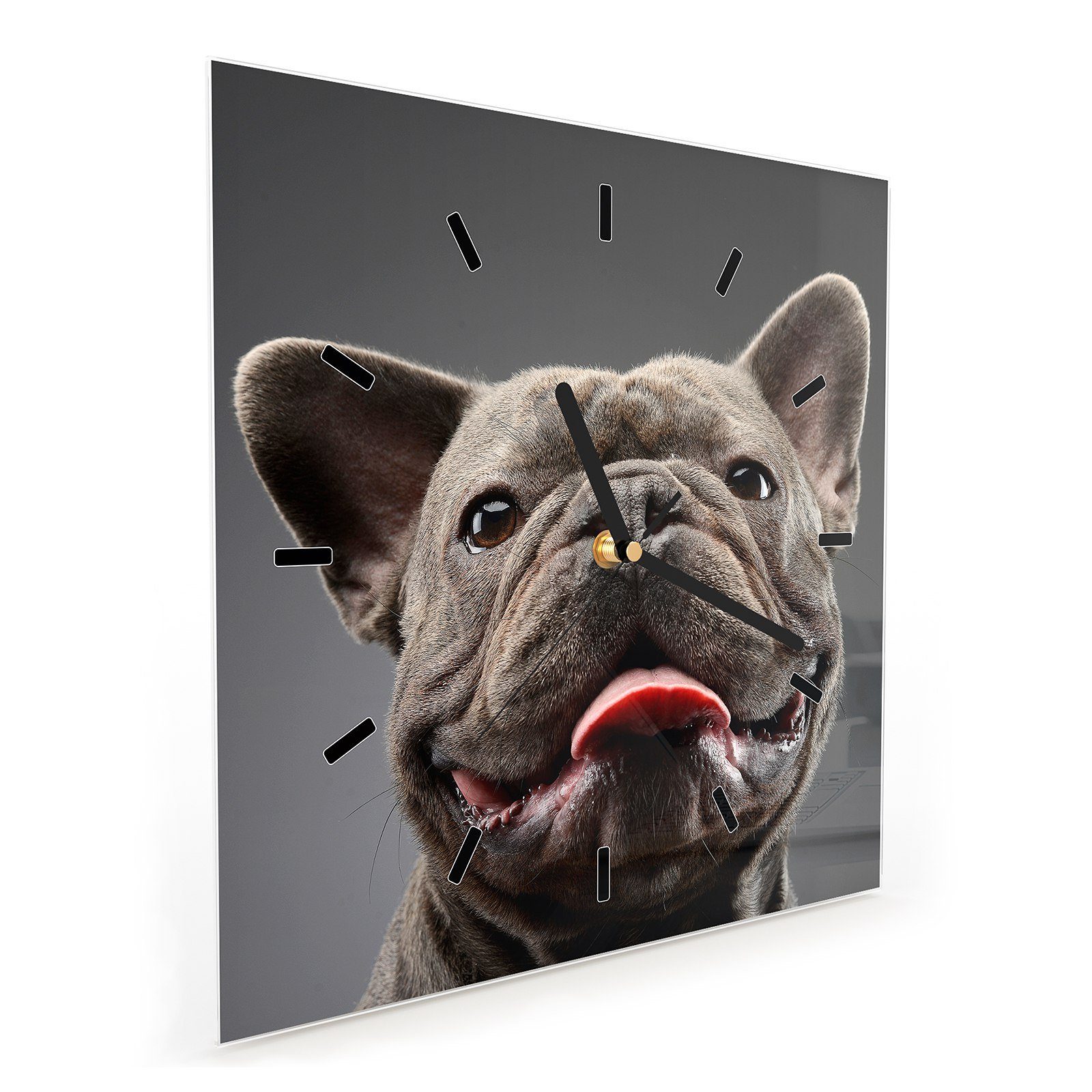 von x 30 Wanduhr mit Glasuhr Wandkunst Bulldogge 30 Zunge cm Größe Primedeco Motiv Wanduhr