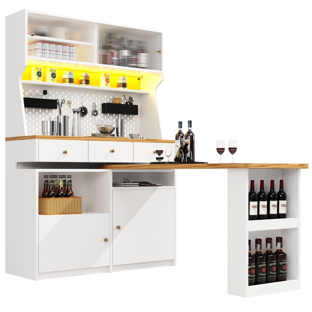 BBWL Hochschrank mit Schreibtisch & Bartisch, LED App-Steuerung, Pegboard, Glas Multifunktionaler Hochschrank, verstellbare Böden, MDF Büro Wohnmöbel