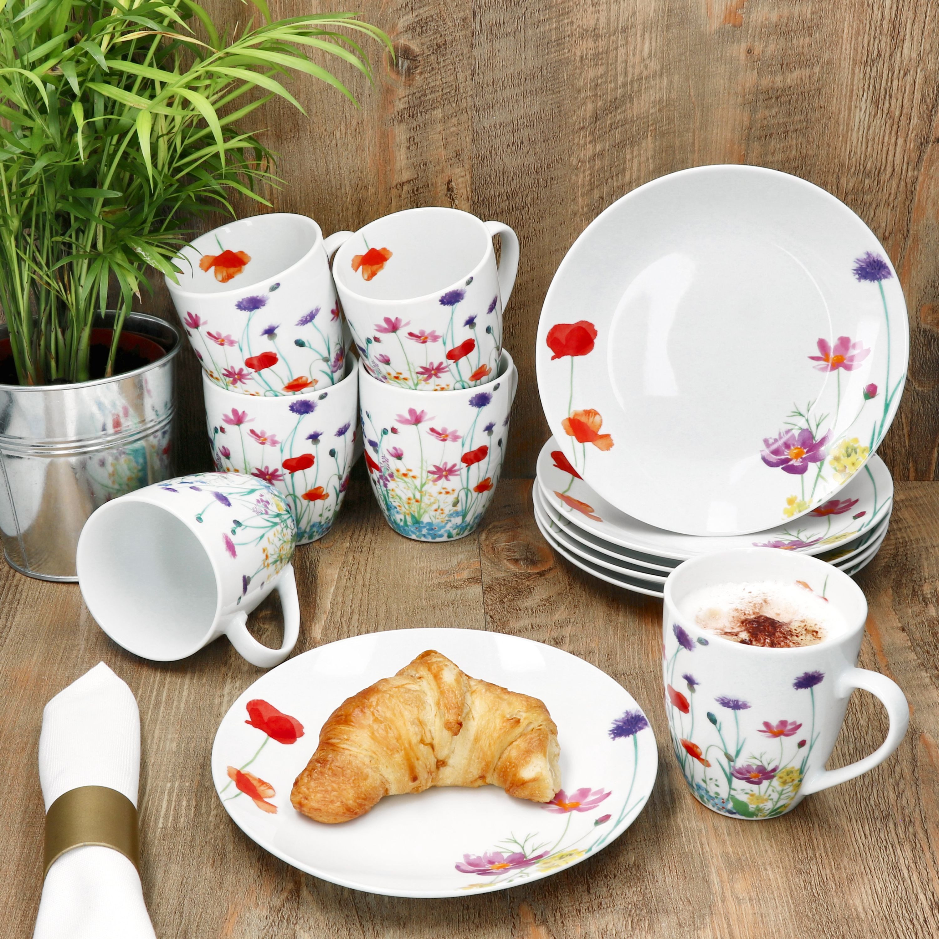 MamboCat Frühstücks-Geschirrset 12tlg Frühstücksset Marie Porzellan 6 Personen Teller Kaffeebecher, Porzellan – Bild 5 von 5
