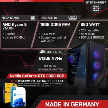 SYSTEMTREFF Basic Gaming-PC-Komplettsystem (24", AMD Ryzen 5 7500F, GeForce RTX 3060, 16 GB RAM, 512 GB SSD, Windows 11, WLAN)