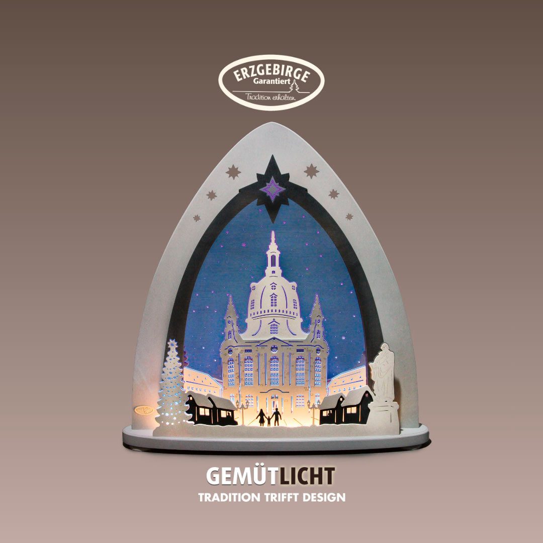 Weigla Lichterbogen Dresdner Frauenkirche, LED Spitze aus Holz & Acrylglas,Made in Germany (1-tlg), Erzgebirge garantiert, Weihnachtsdeko Innen, Weihnachtsbeleuchtung