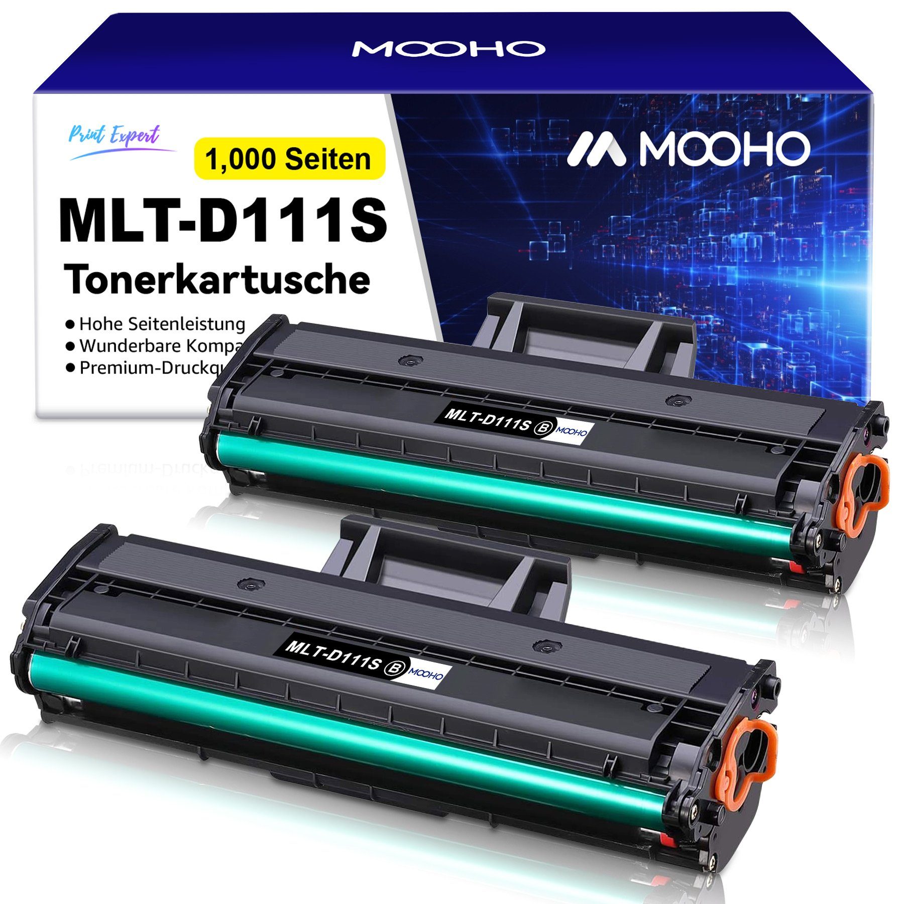 *2 D111L Ersatz SAMSUNG Chip, 2er Neu Mit Tonerpatrone (1,000 Seiten) MLT-D111S XL Schwarz MOOHO für (2-St)