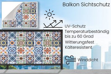MuchoWow Balkonsichtschutz Design - Blumen - Orange - Blau - Abstrakt (1-St) Balkonbanner, Sichtschutz für den Balkon, Robustes und wetterfest