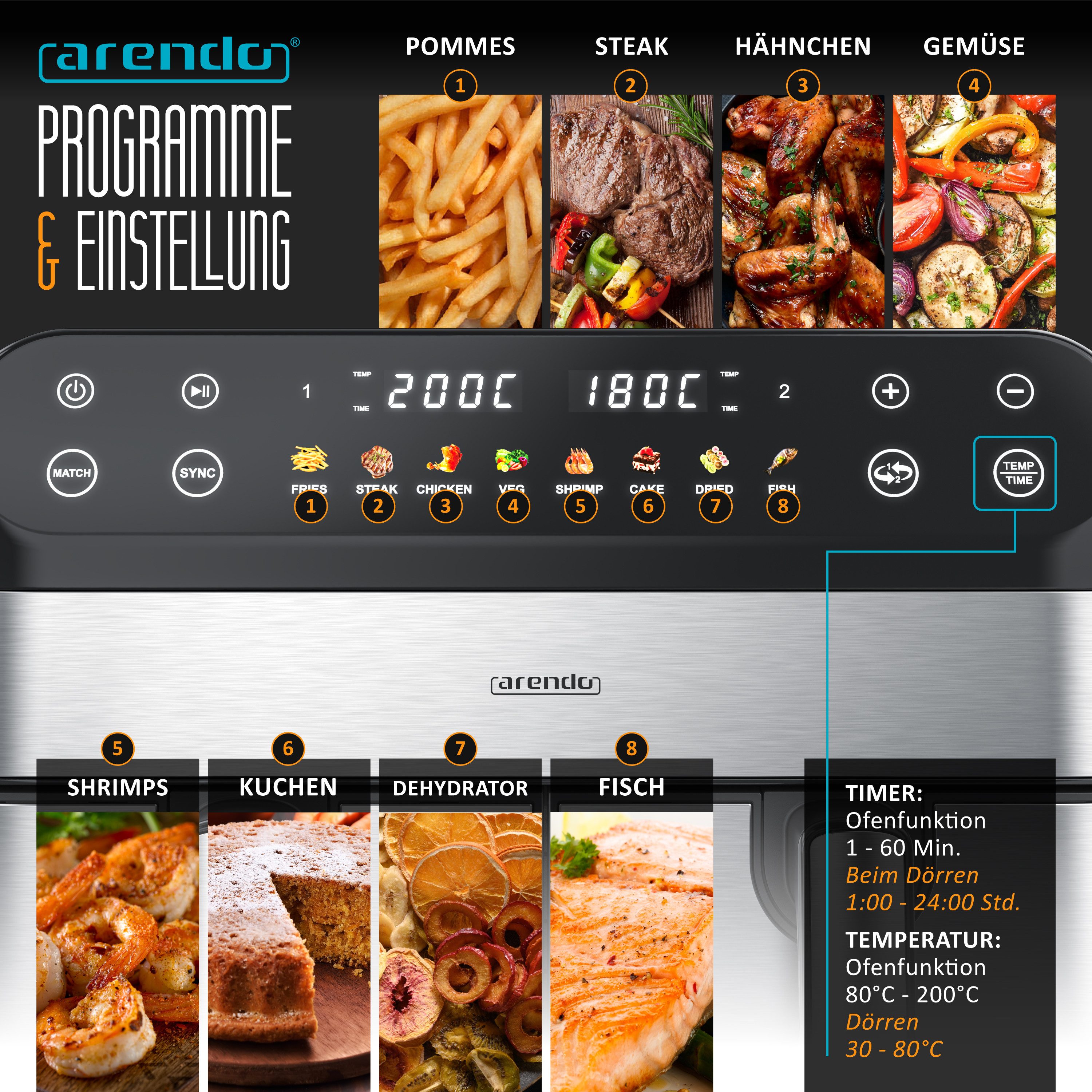 Arendo Heißluftfritteuse XXL Doppelkammer Airfryer 9L, Dual Zone, Backofen, Dörrautomat, 2400 W, mit Zubehör, Touchscreen, 3D Umluftsystem, fettarmes gesundes Kochen