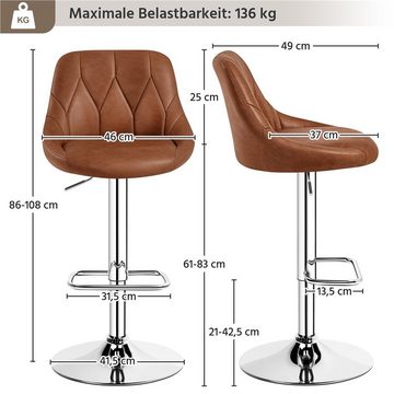 Yaheetech Barhocker (2er), Verstellbare Sitzhöhe 61,5 cm - 83 cm Polsterhocker mit Fußstütze