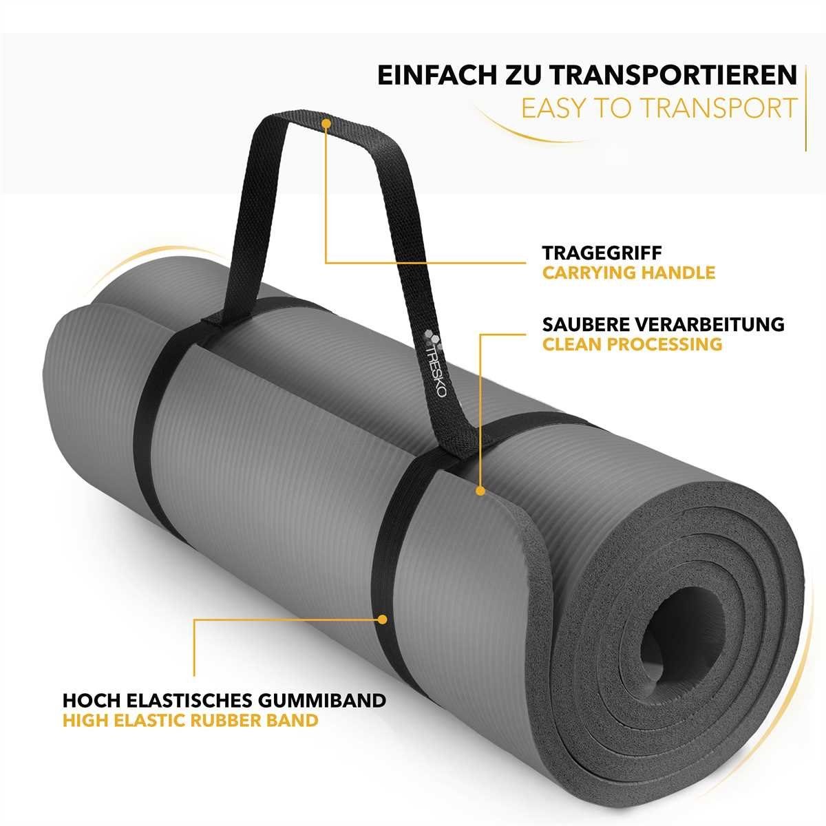 TRESKO Gymnastikmatte rutschfest mit Tragegurt Sportmatte gepolstert, Yogamatte Gymnastikmatte Dick Fitnessmatte