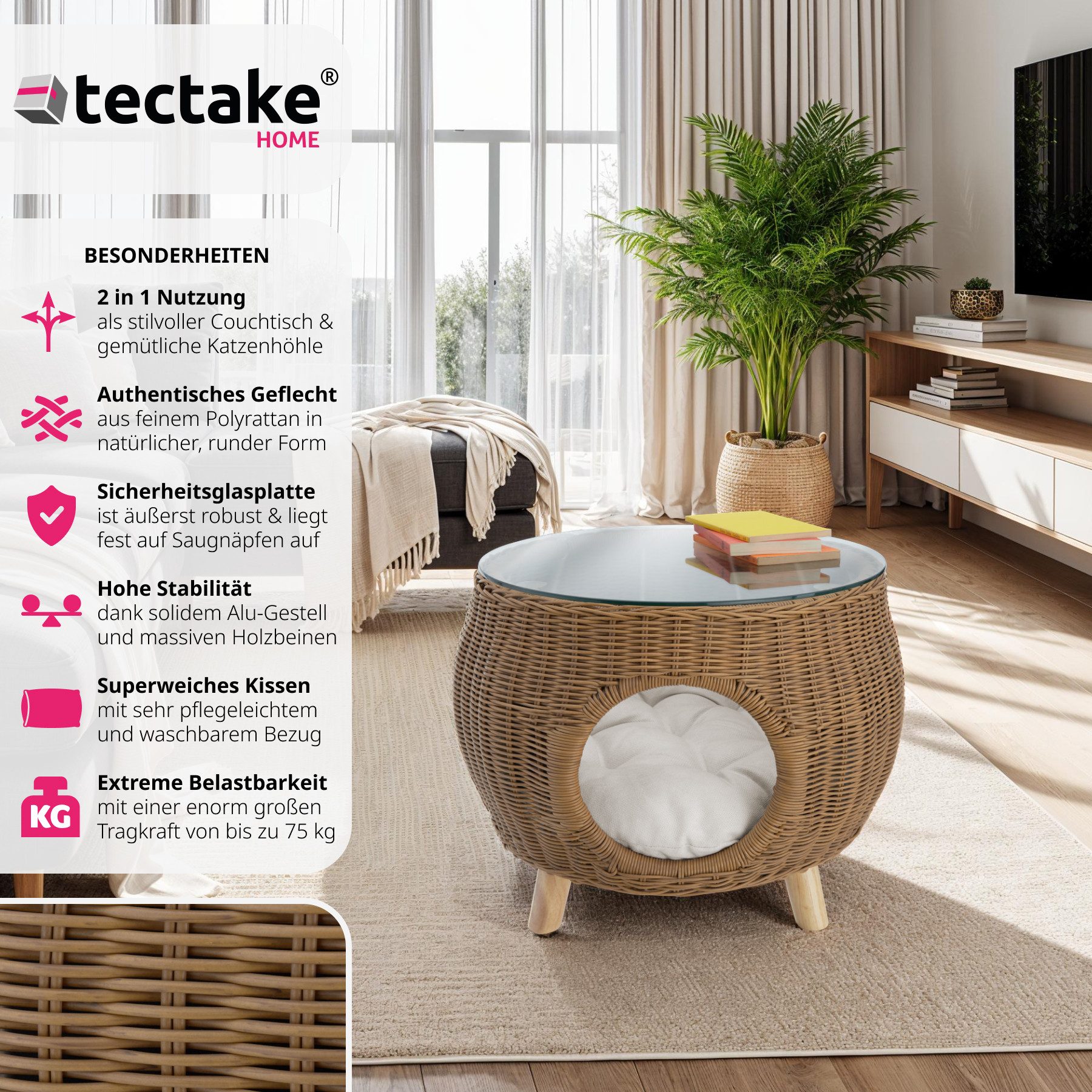tectake Couchtisch Tivoli Sofatisch aus Polyrattan - integriertes Haustierb günstig online kaufen