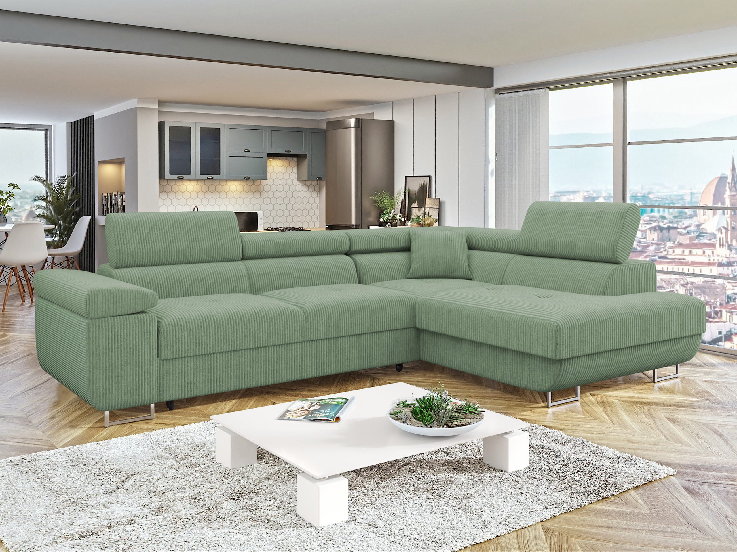 MIRJAN24 Ecksofa Torezio Cord, mit Bettkasten und Schlaffunktion, Einstellbare Kopfstützen, 274x203x70-90 cm