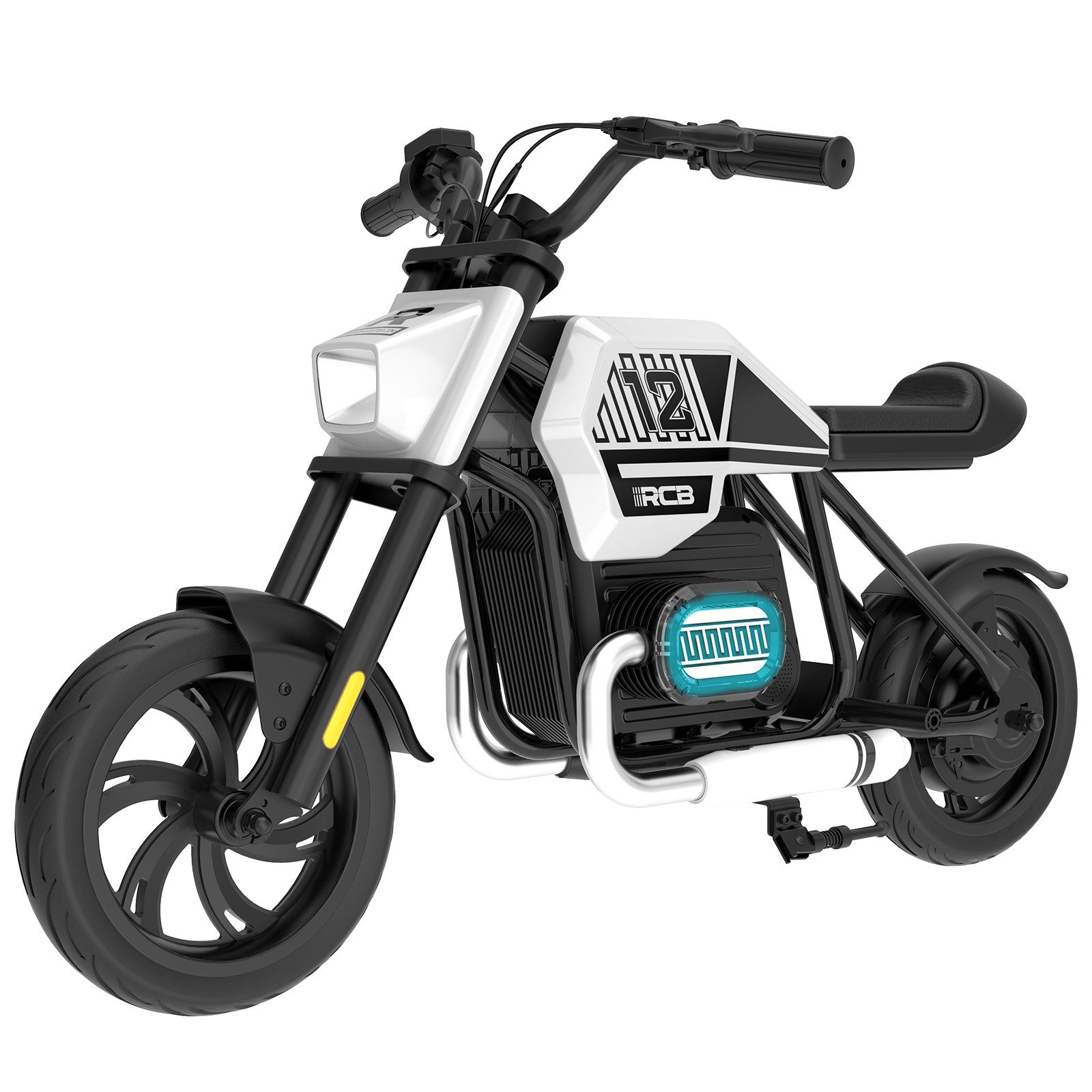 RCB TECH Elektro-Kindermotorrad R9 mit Bluetooth, 12-Zoll Reifen, 3 Stufen-10kmh/15kmh/25kmh, bis 15KM, Belastbarkeit 80 kg, Vorderlicht für mehr Sicherheit & spaßige Lichteffekte