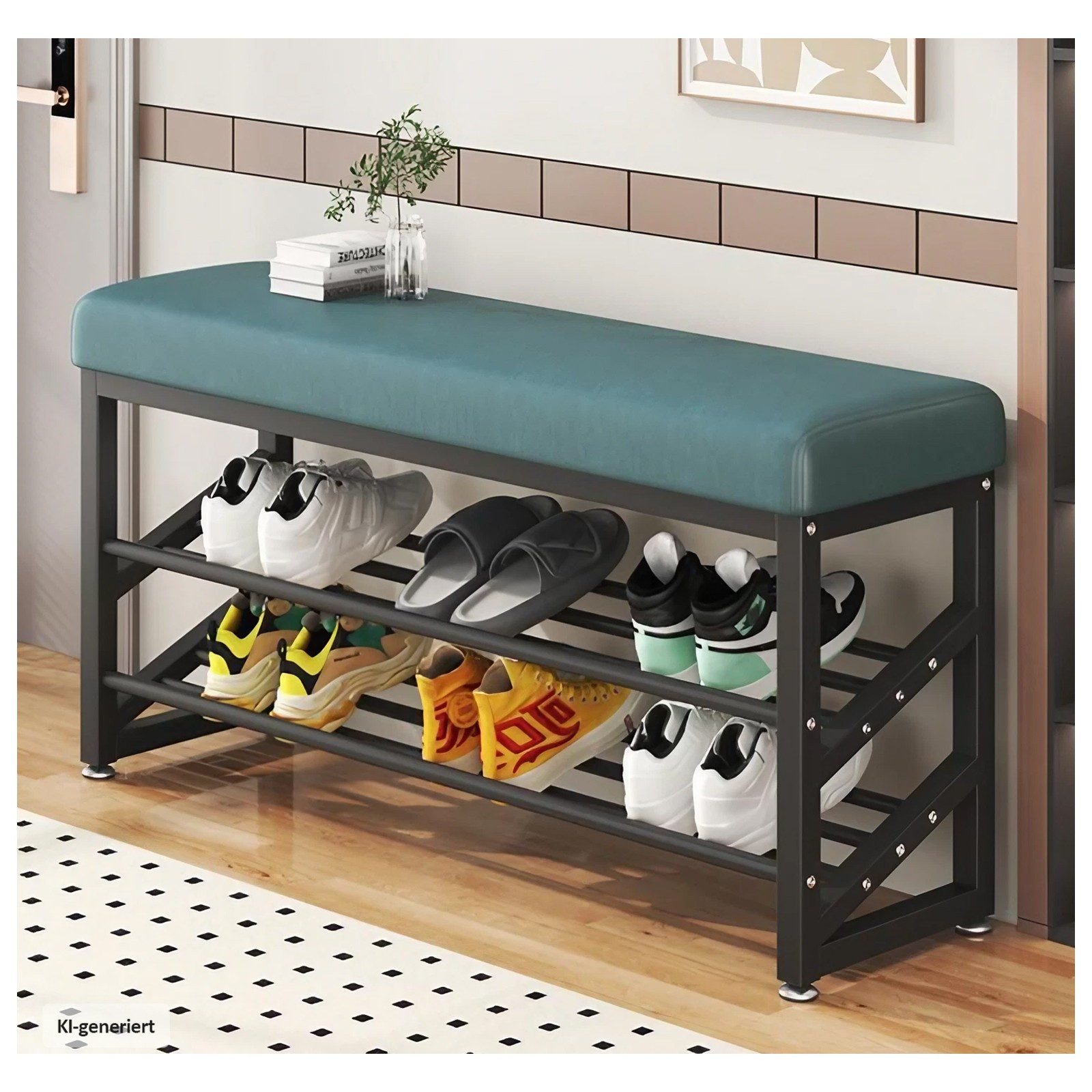 HTI-Living Schuhregal Metall 2 Ebenen mit Sitzkissen Grün, 1 Stück 1-tlg., Schuhbank