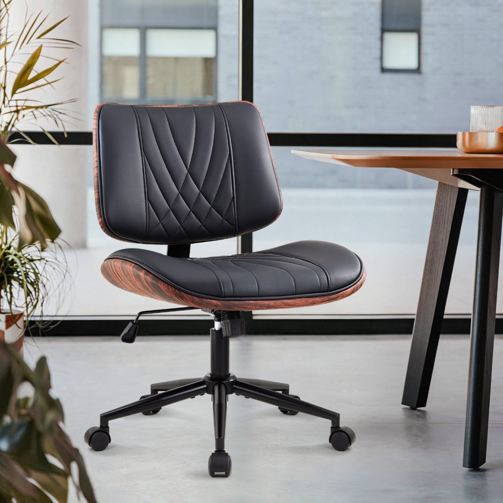 IWMH Bürostuhl Höhenverstellbar Schreibtischstuhl ohne Armlehne, Kunstleder Drehstuhl, Schminktisch Stuhl mit mittelhoher Rückenlehne