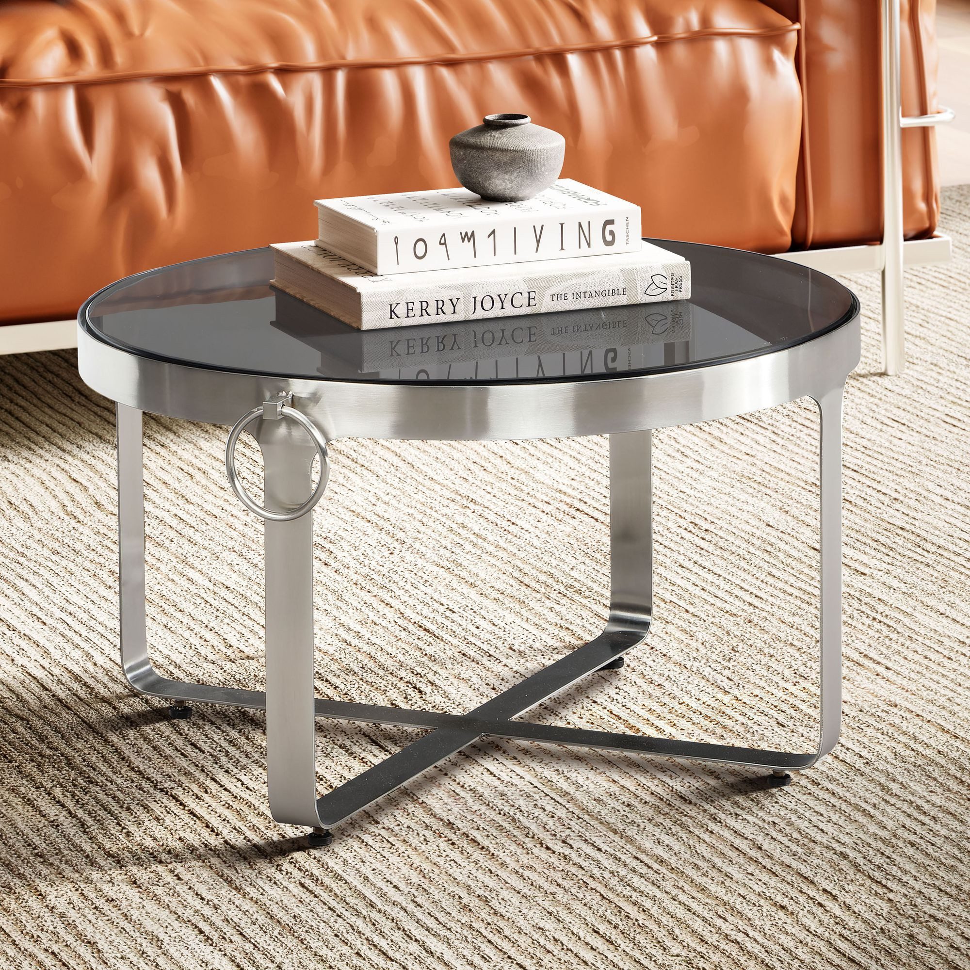 FINEBUY Couchtisch FB102832 Sofatisch Glas Ø 60 cm Tisch Wohnzimmertisch Rund Silber (Sofatisch Metall Glas Rund, 60x60x34 cm Silber), Tisch Wohnzimmer, Wohnzimmertisch Kaffeetisch