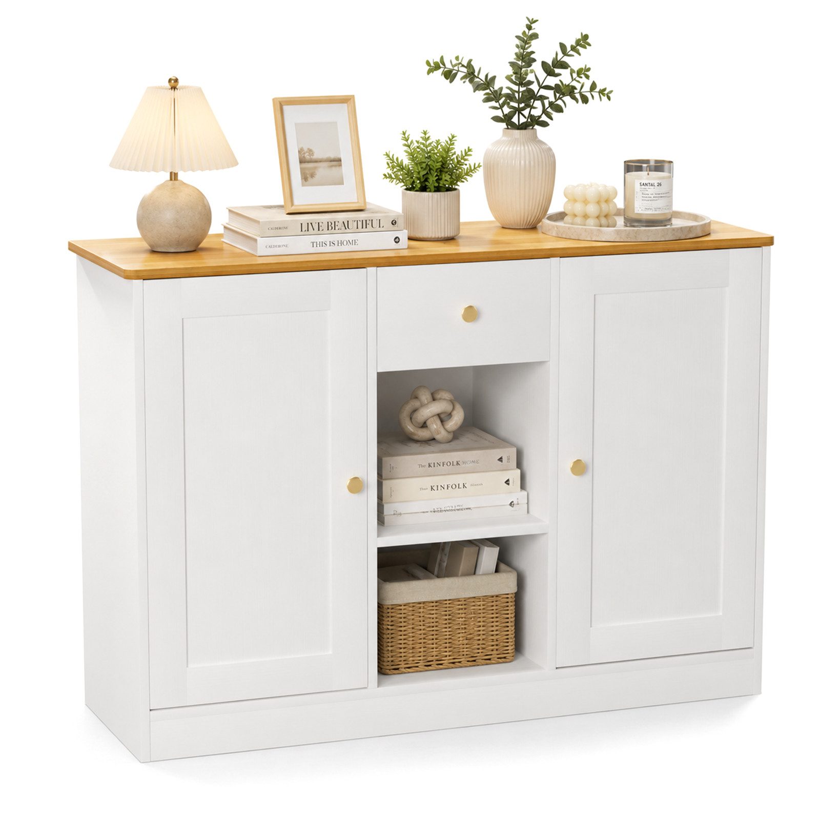Yorbay Sideboard Buffet mit Doppeltür, 1 Schublade und 2 offenen Regalböden (Set, Weiß und helle Holzfarbe), Weißer Schrank mit 3 goldenen Griffen 117x40x16cm (BxTxH)