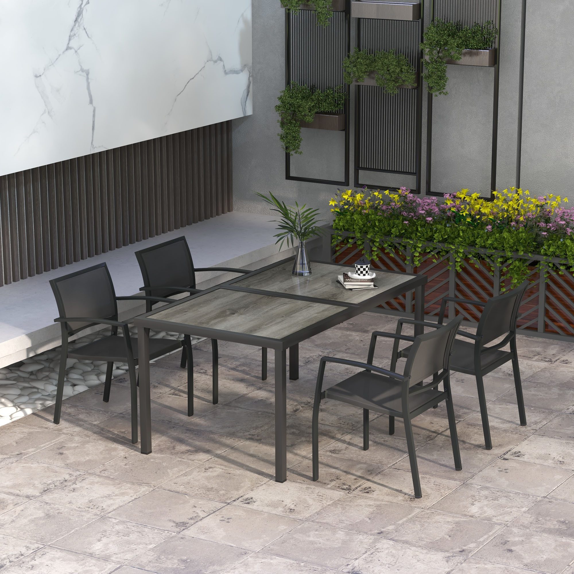 Outsunny Garten-Essgruppe Sitzgruppe mit 1 Esstisch, 6 stapelbaren Stühlen, Sitzgarnitur, (Gartengarnitur, 5-tlg., Sitzgarnitur), für Terrasse, Mesh, Dunkelgrau